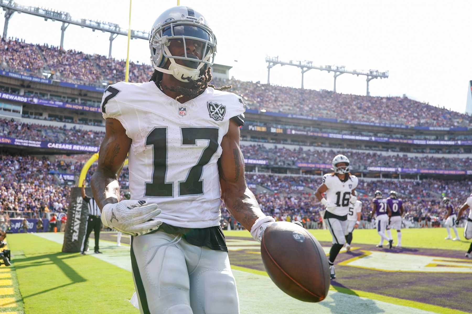 BALTIMORE, MARYLAND - SEPTEMBER 15: Davante Adams #17 of the Las Vegas Raiders celebrates after a touchdown during the second half against the Baltimore Ravens at M&T Bank Stadium on September 15, 2024 in Baltimore, Maryland. (Photo by Brandon Sloter/Getty Images)