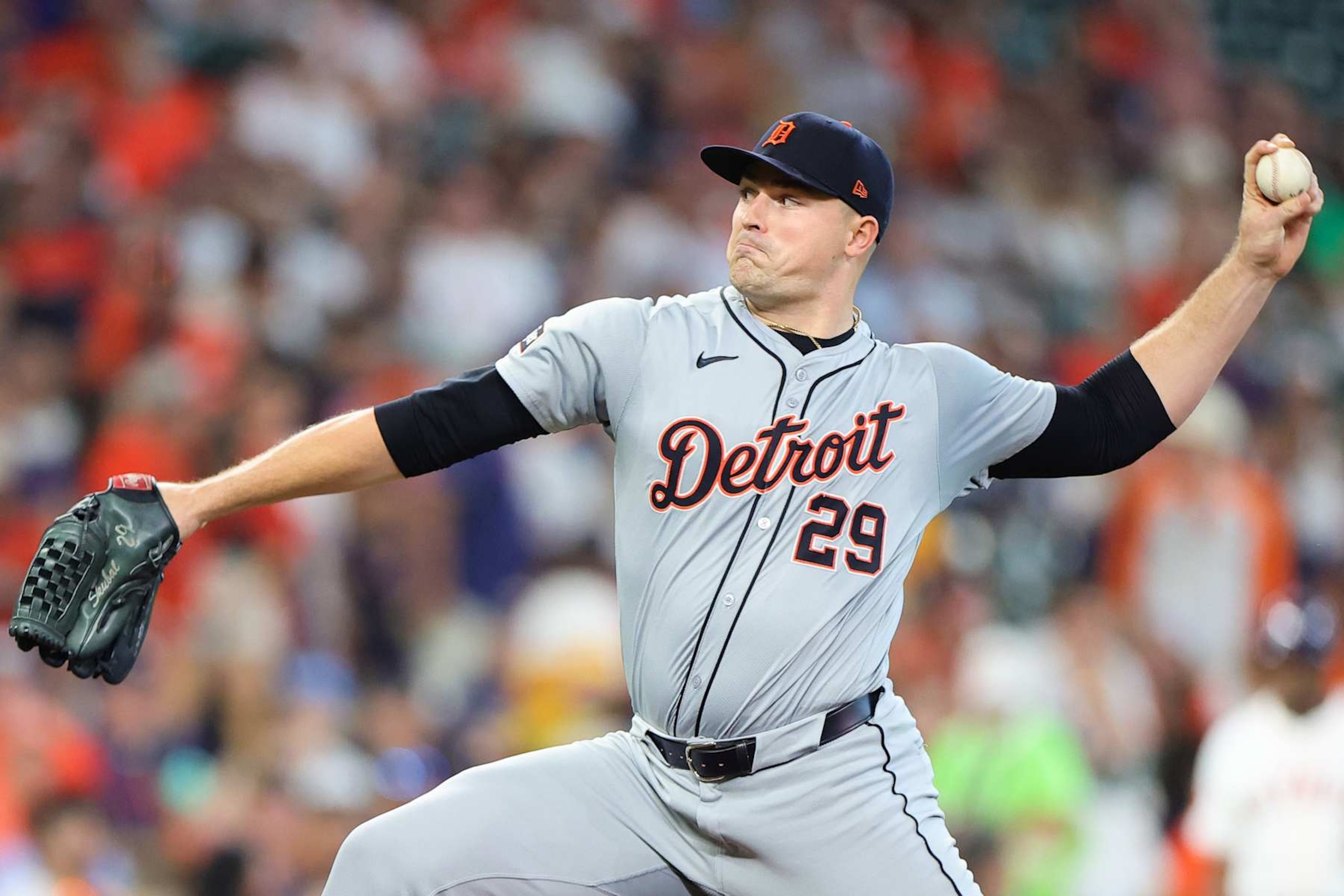 HOUSTON, TEXAS - OCTOBER 01: Tarik Skubal #29 of the Detroit Tigers delivers a pitch against the Houston Astros in the first inning during Game One of the Wild Card Series at Minute Maid Park on October 01, 2024 in Houston, Texas. (Photo by Alex Slitz/Getty Images)