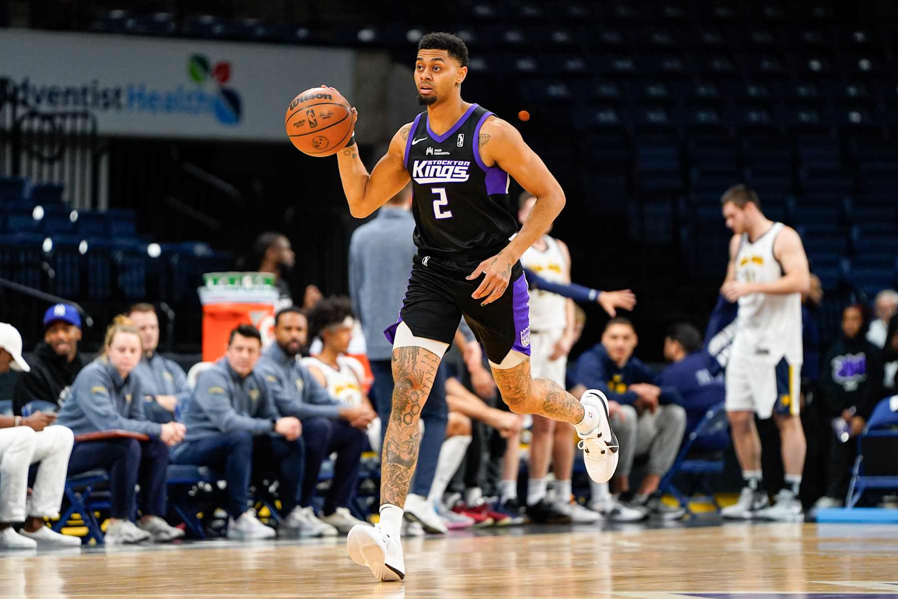 SANTA CRUZ, CA - FEBRUARY 9: Jeremy Lamb #2 brings the ball up court during the game against the Indiana Mad Ants on February 9, 2024 in Stockton, California at the Adventist Health Arena. NOTE TO USER: User expressly acknowledges and agrees that, by downloading and or using this photograph, user is consenting to the terms and conditions of Getty Images License Agreement. Mandatory Copyright Notice: Copyright 2024 NBAE (Photo by Andreea Cardani/NBAE via Getty Images)