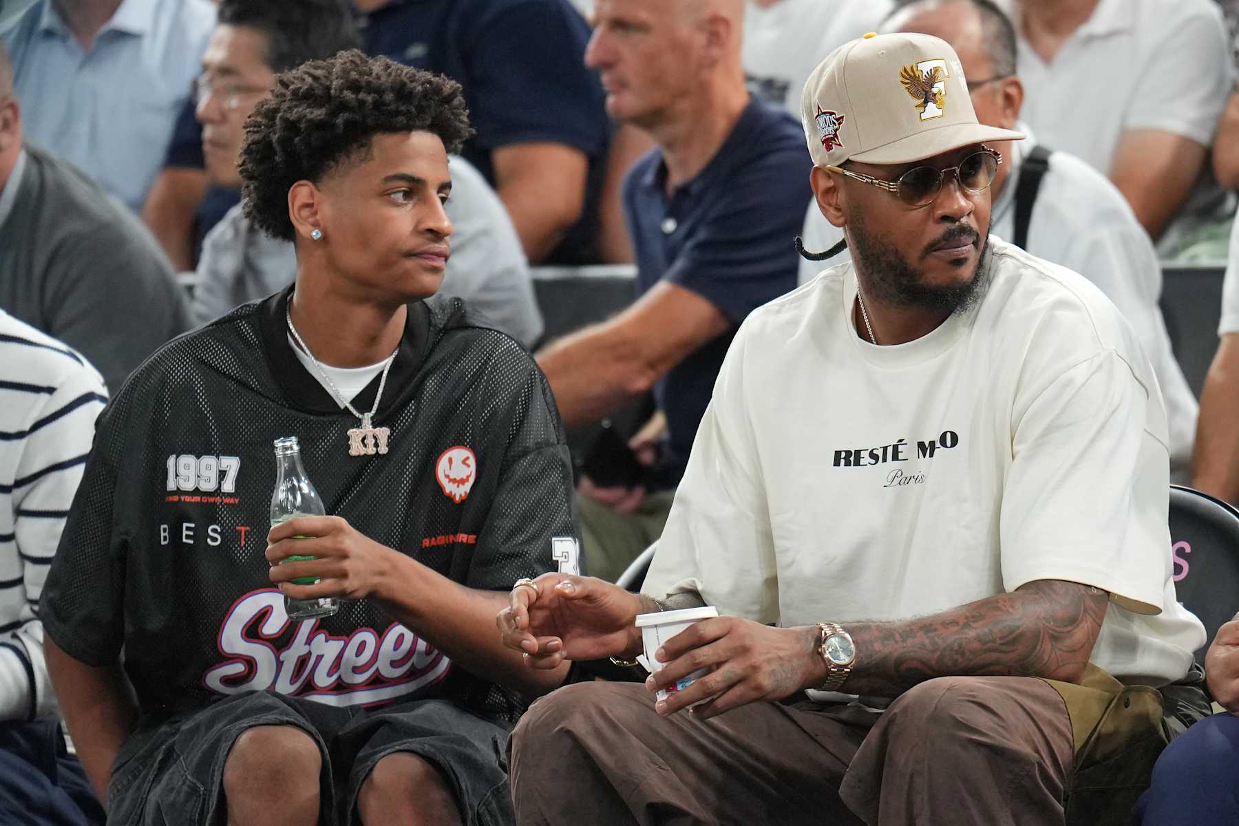 PARIS, FRANCE - AUGUST 10: Carmelo Anthony looks on during the Men's Bronze Medal Game on August 10, 2024 at the AccorHotels Arena in Paris, France. NOTE TO USER: User expressly acknowledges and agrees that, by downloading and/or using this photograph, user is consenting to the terms and conditions of the Getty Images License Agreement. Mandatory Copyright Notice: Copyright 2024 NBAE (Photo by Jesse D. Garrabrant/NBAE via Getty Images)  
