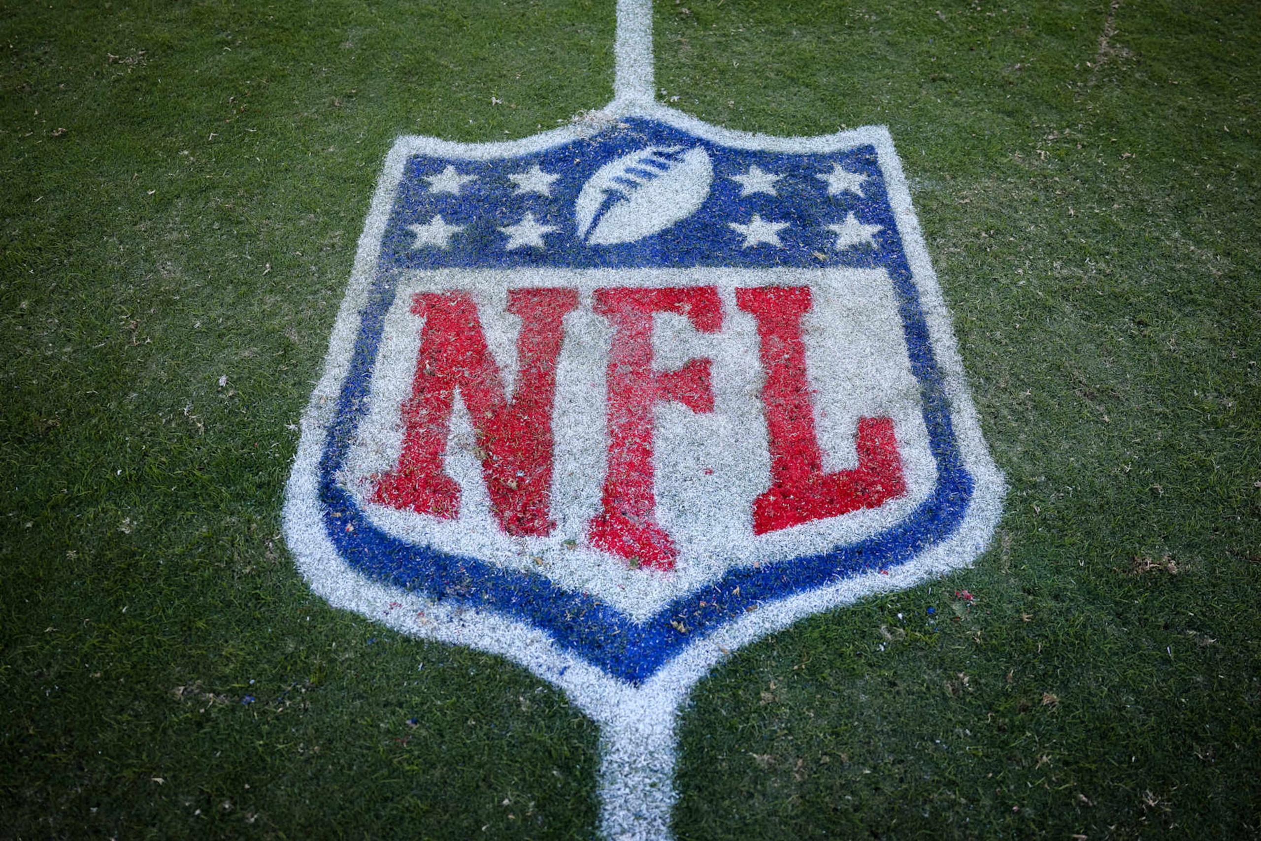 LANDOVER, MD - OCTOBER 09: A general view of an NFL logo on the field during the game between the Washington Commanders and the Tennessee Titans at FedExField on October 9, 2022 in Landover, Maryland. (Photo by Scott Taetsch/Getty Images)