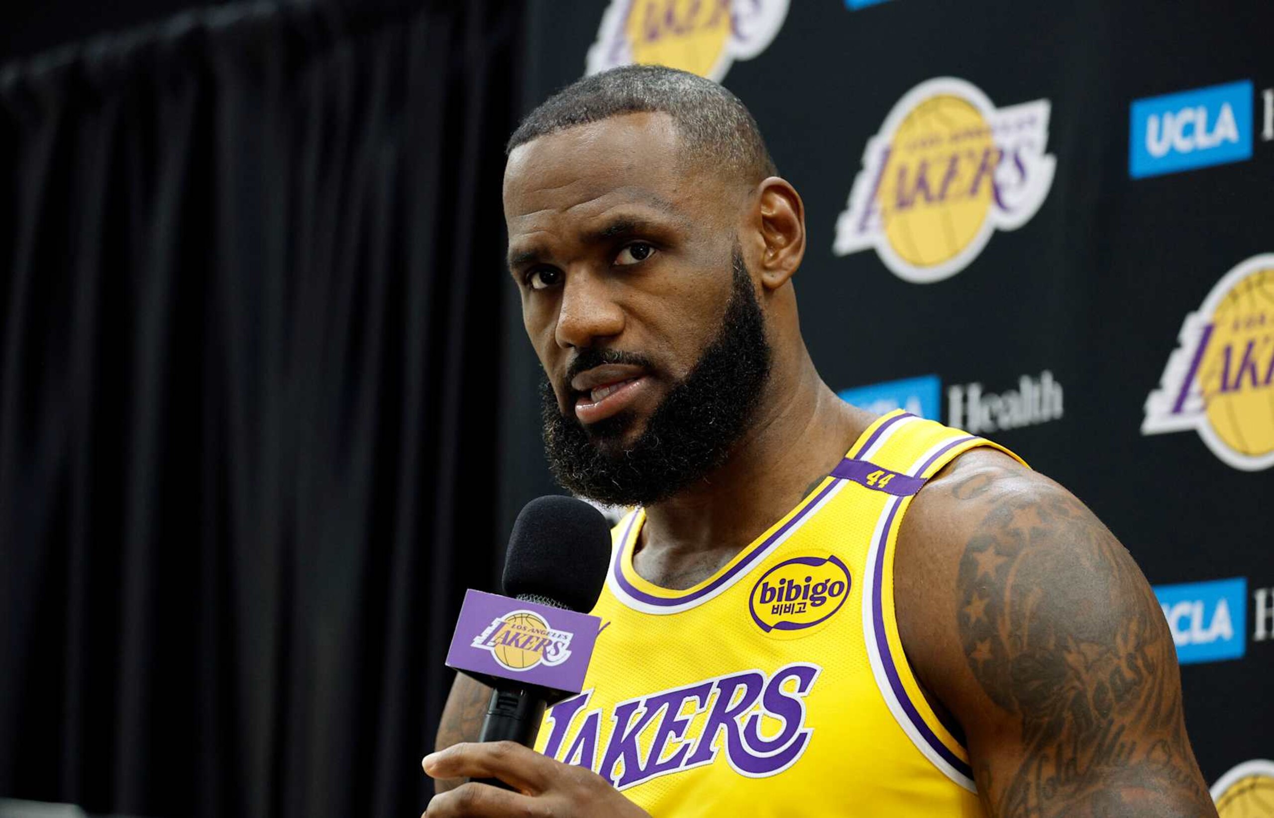 EL SEGUNDO, CALIFORNIA - SEPTEMBER 30: LeBron James #23 of the Los Angeles Lakers speaks during a Los Angeles Lakers media day at UCLA Health Training Center on September 30, 2024 in El Segundo, California. NOTE TO USER: User expressly acknowledges and agrees that, by downloading and or using this photograph, User is consenting to the terms and conditions of the Getty Images License Agreement. (Photo by Kevork Djansezian/Getty Images)
