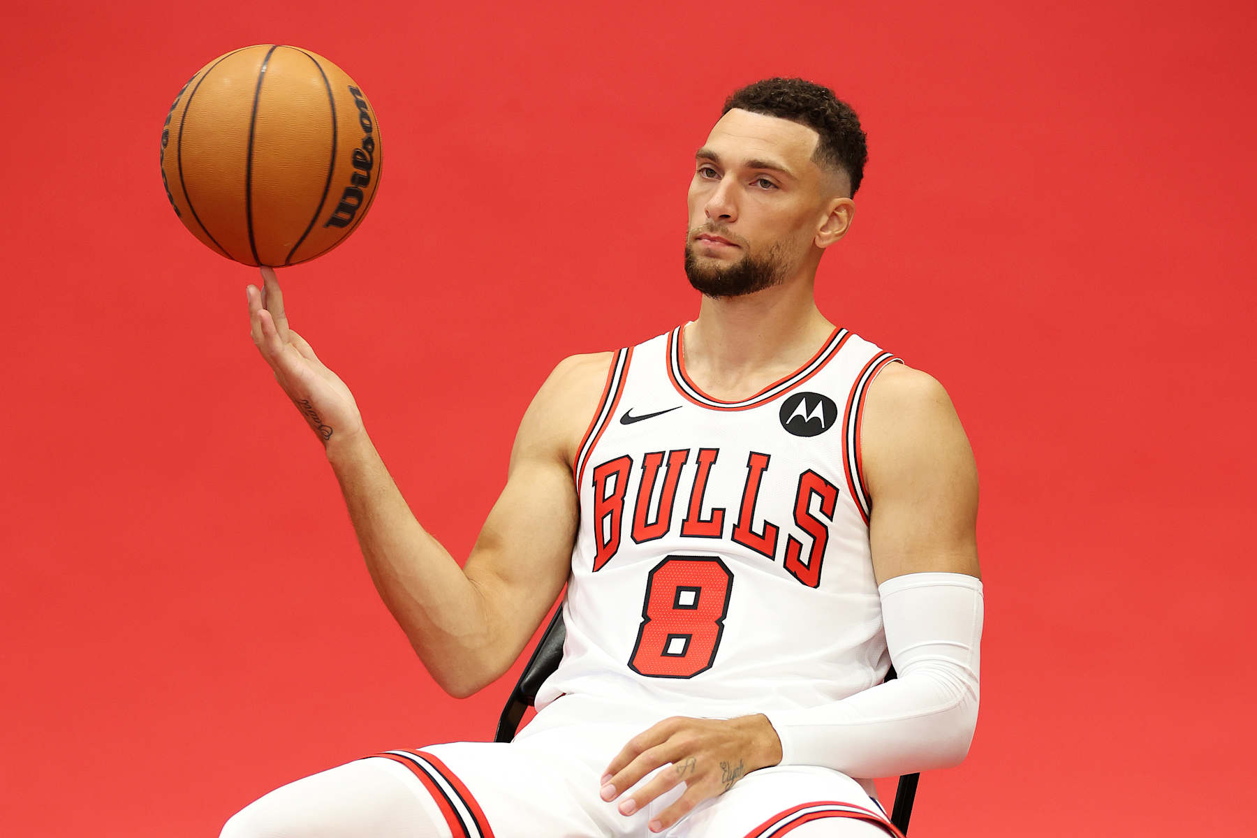 CHICAGO, ILLINOIS - SEPTEMBER 30: Zach LaVine #8 of the Chicago Bulls poses for a photo during Chicago Bulls Media Day at Advocate Center on September 30, 2024 in Chicago, Illinois.  (Photo by Michael Reaves/Getty Images)