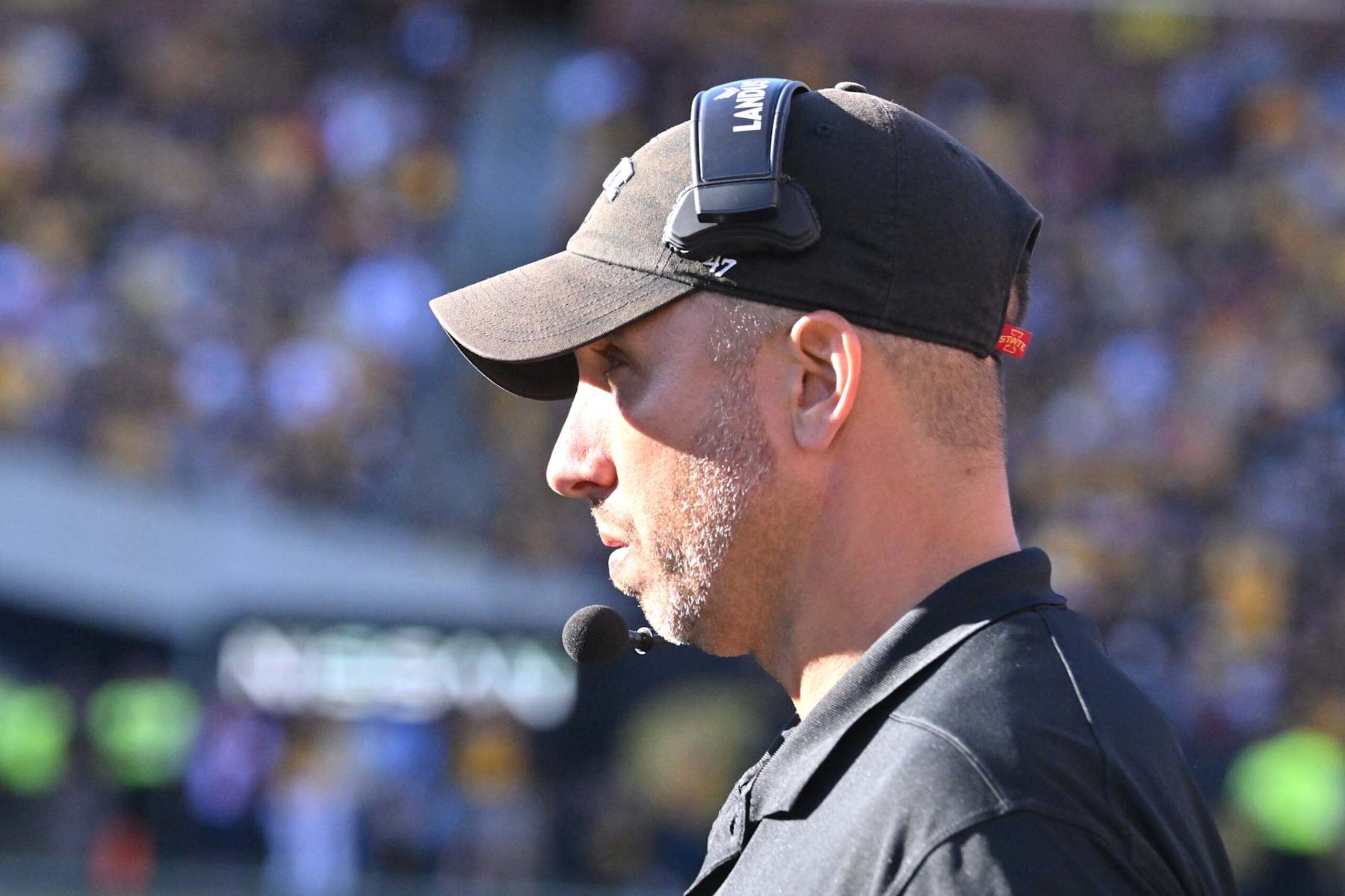 IOWA CITY, IA - SEPTEMBER 07: Iowa State head coach Matt Campbell watches his team play during a college football game between the Iowa State Cyclones and the Iowa Hawkeyes, on September 07, 2024, at Kinnick Stadium, Iowa City, IA. (Photo by Keith Gillett/IconSportswire)