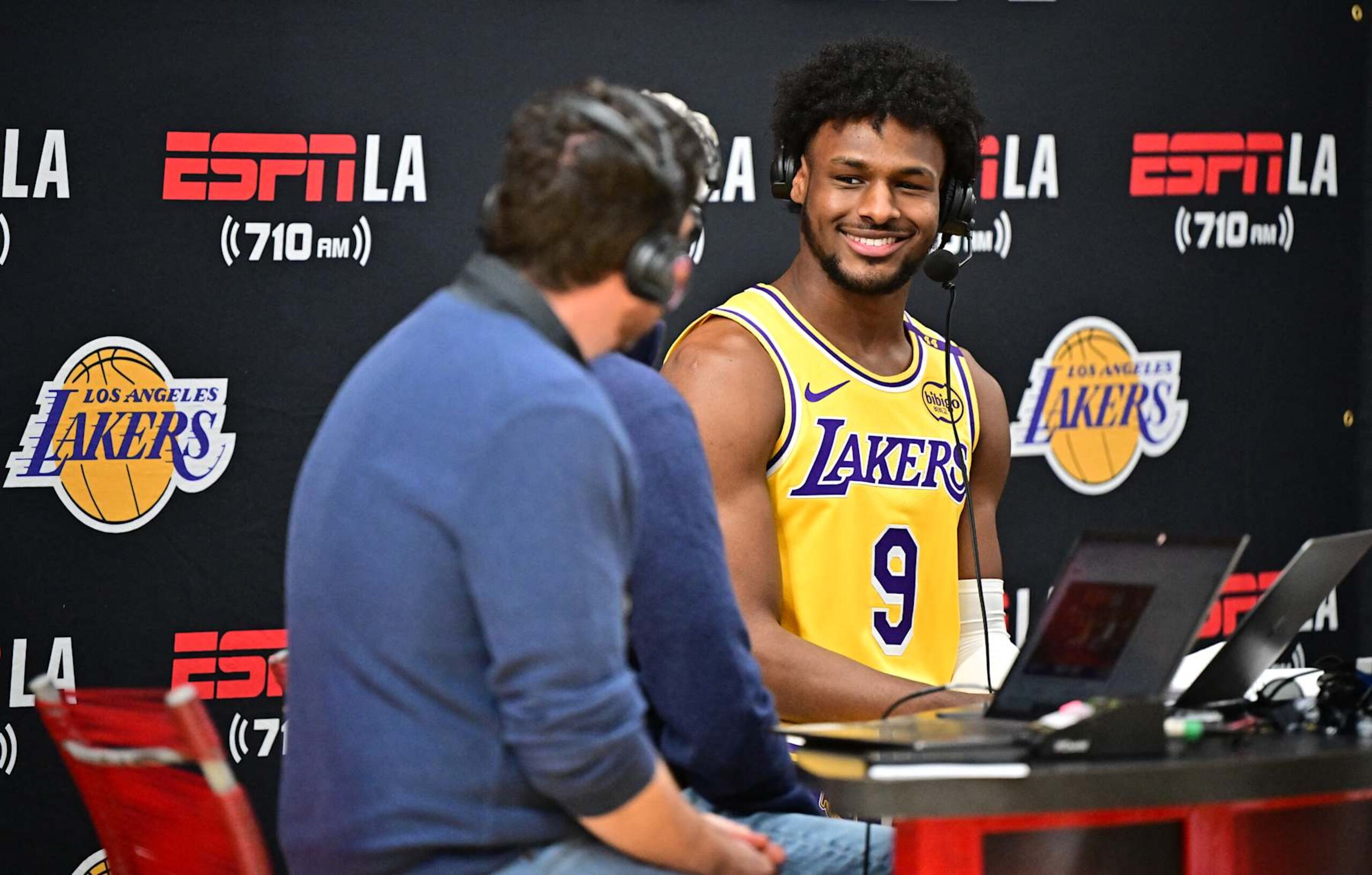 Los Angeles Lakers #9 Bronny James, son of LeBron James, speaks during an interview at the Lakers media day at UCLA Health Training Center in El Segundo, California, September 30, 2024. (Photo by Frederic J. BROWN / AFP) (Photo by FREDERIC J. BROWN/AFP via Getty Images) Los Angeles Lakers #9 Bronny James, son of LeBron James, speaks during an interview at the Lakers media day at UCLA Health Training Center in El Segundo, California, September 30, 2024. (Photo by Frederic J. BROWN / AFP) (Photo by FREDERIC J. BROWN/AFP via Getty Images)