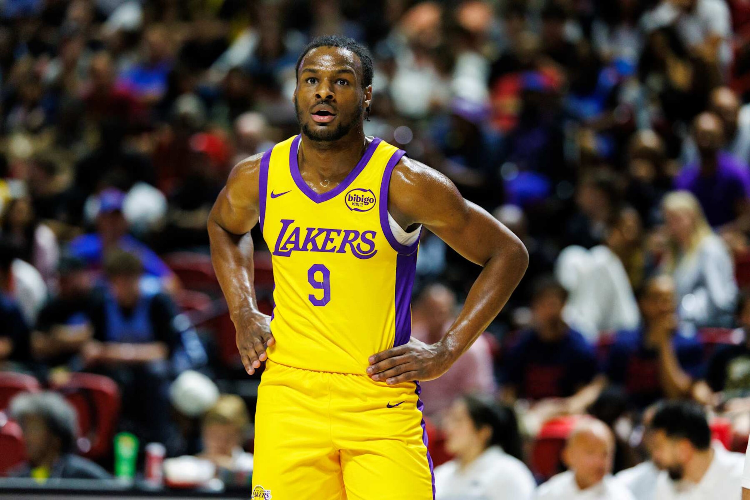 LAS VEGAS, NV - JULY 18, 2024: Los Angeles Lakers guard Bronny James (9) catches his breath against Cleveland Cavaliers during the NBA 2K25 Summer League at the Thomas & Mack Center on July 18, 2024 in Las Vegas, Nevada.(Gina Ferazzi / Los Angeles Times via Getty Images) LAS VEGAS, NV - JULY 18, 2024: Los Angeles Lakers guard Bronny James (9) catches his breath against Cleveland Cavaliers during the NBA 2K25 Summer League at the Thomas & Mack Center on July 18, 2024 in Las Vegas, Nevada.(Gina Ferazzi / Los Angeles Times via Getty Images)