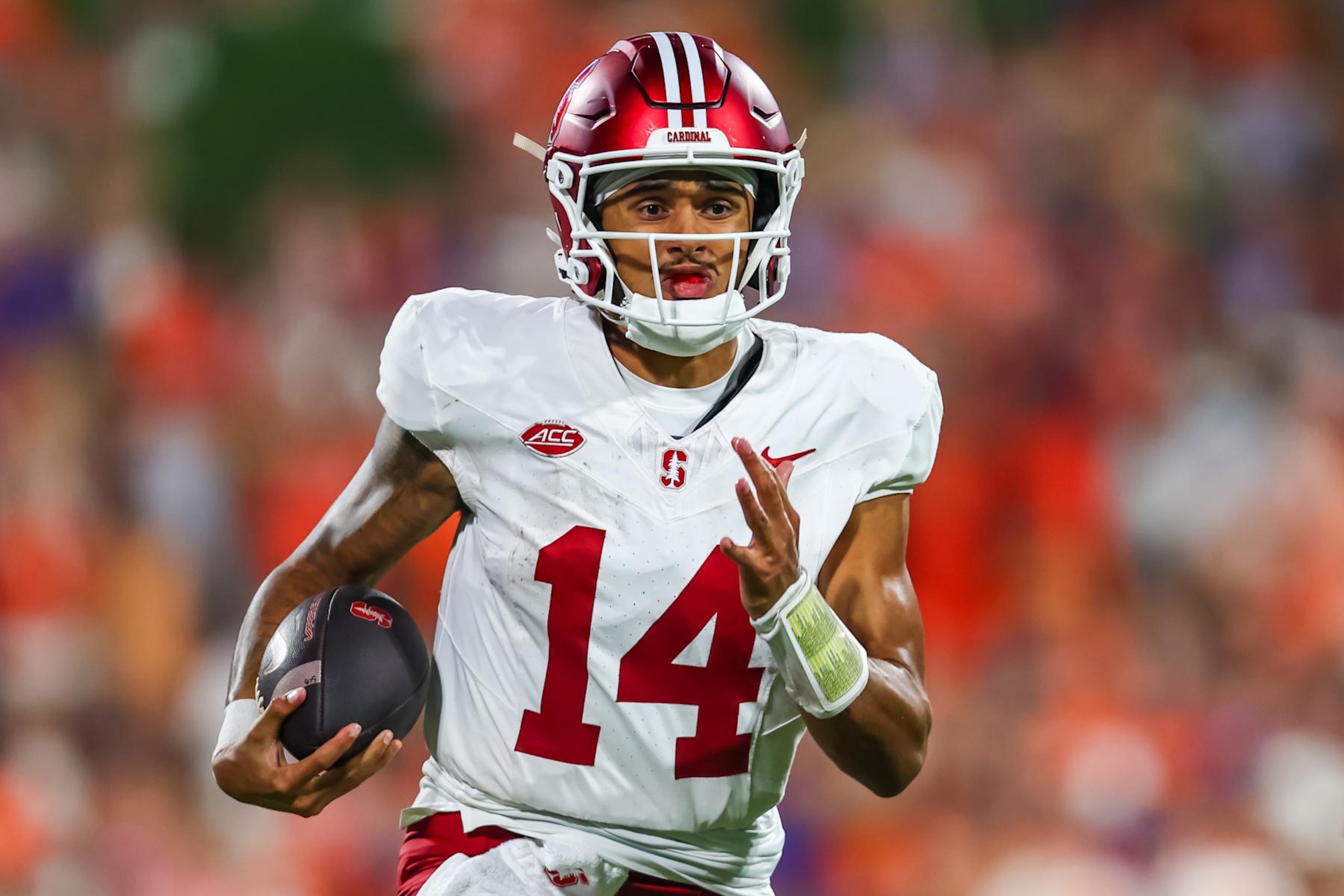 CLEMSON, SOUTH CAROLINA - SEPTEMBER 28: Ashton Daniels #14 of the Stanford Cardinal runs the ball during the second half of a football game against the Clemson Tigers at Memorial Stadium on September 28, 2024 in Clemson, South Carolina. (Photo by David Jensen/Getty Images)