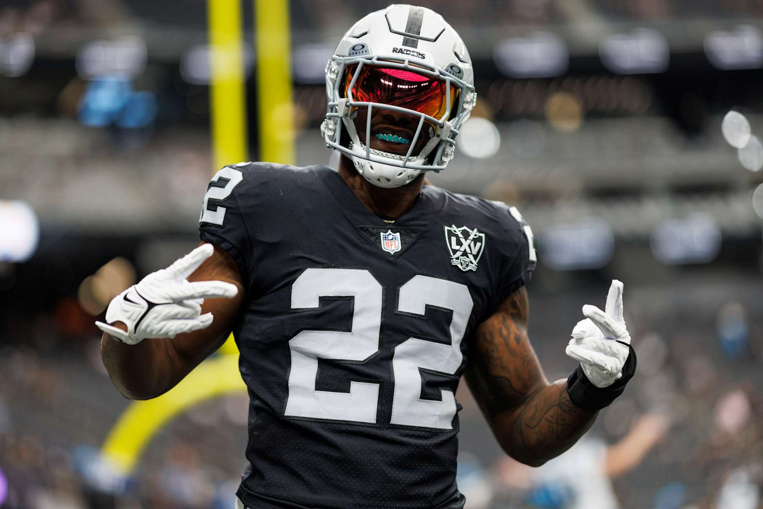 LAS VEGAS, NEVADA - SEPTEMBER 22: Running back Alexander Mattison #22 of the Las Vegas Raiders poses for a photo prior to an NFL football game against the Carolina Panthers, at Allegiant Stadium on September 22, 2024 in Las Vegas, Nevada. (Photo by Brooke Sutton/Getty Images)