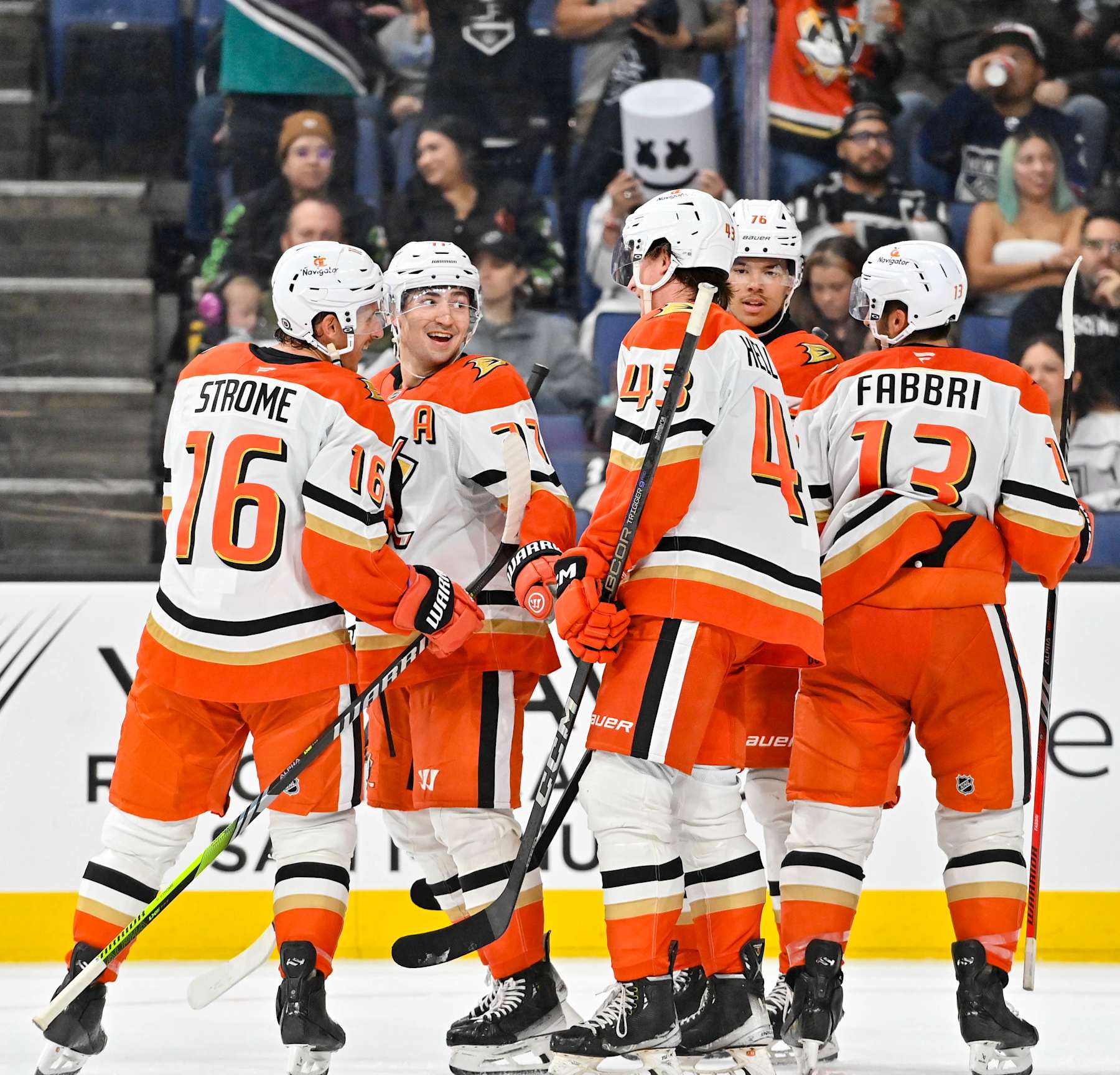 ONTARIO, CA - SEPTEMBER 28: Frank Vatrano #77 of the Anaheim Ducks celebrates his goal with teammates during the third period in a pre-season game against the Los Angeles Kings at the Toyota Arena on September 28, 2024 in Ontario, California. (Photo by Juan Ocampo/NHLI via Getty Images)