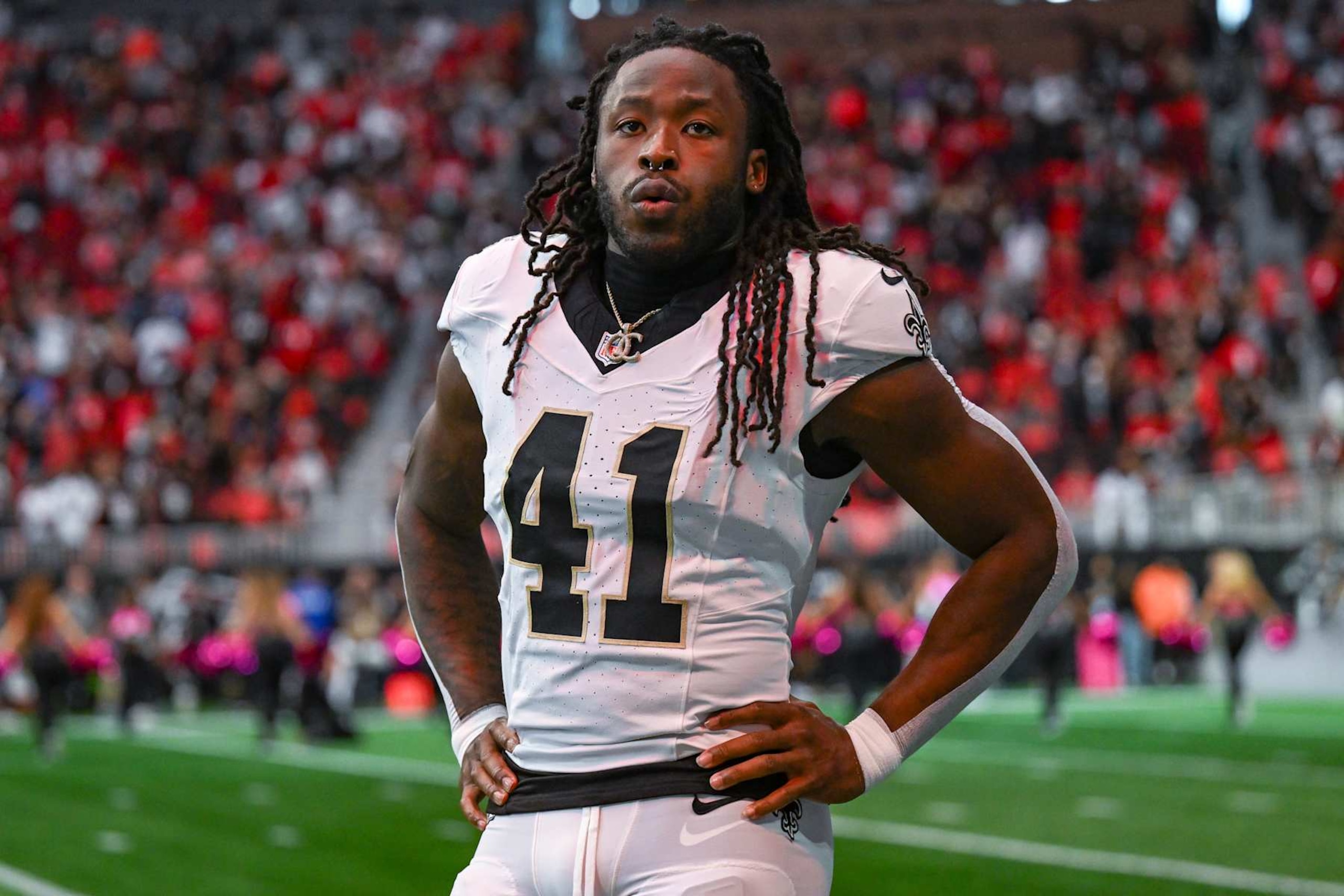 ATLANTA, GA  SEPTEMBER 29:  New Orleans running back Alvin Kamara (41) reacts during the NFL game between the New Orleans Saints and the Atlanta Falcons on September 29th, 2024 at Mercedes-Benz Stadium in Atlanta, GA.  (Photo by Rich von Biberstein/Icon Sportswire via Getty Images)
