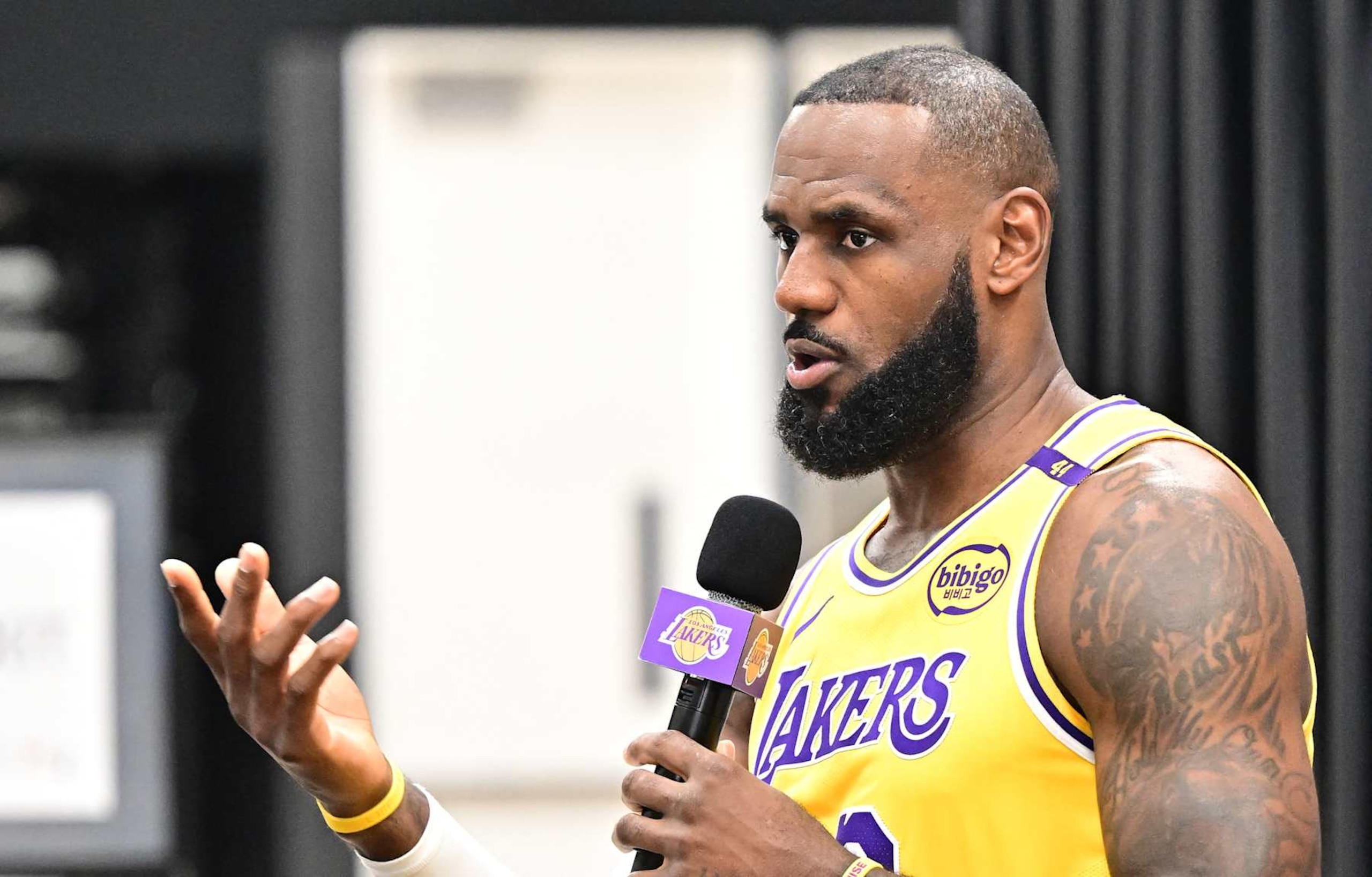 Los Angeles Lakers #23 LeBron James speaks to the press during the Lakers media day at UCLA Health Training Center in El Segundo, California, September 30, 2024. (Photo by Frederic J. BROWN / AFP) (Photo by FREDERIC J. BROWN/AFP via Getty Images)