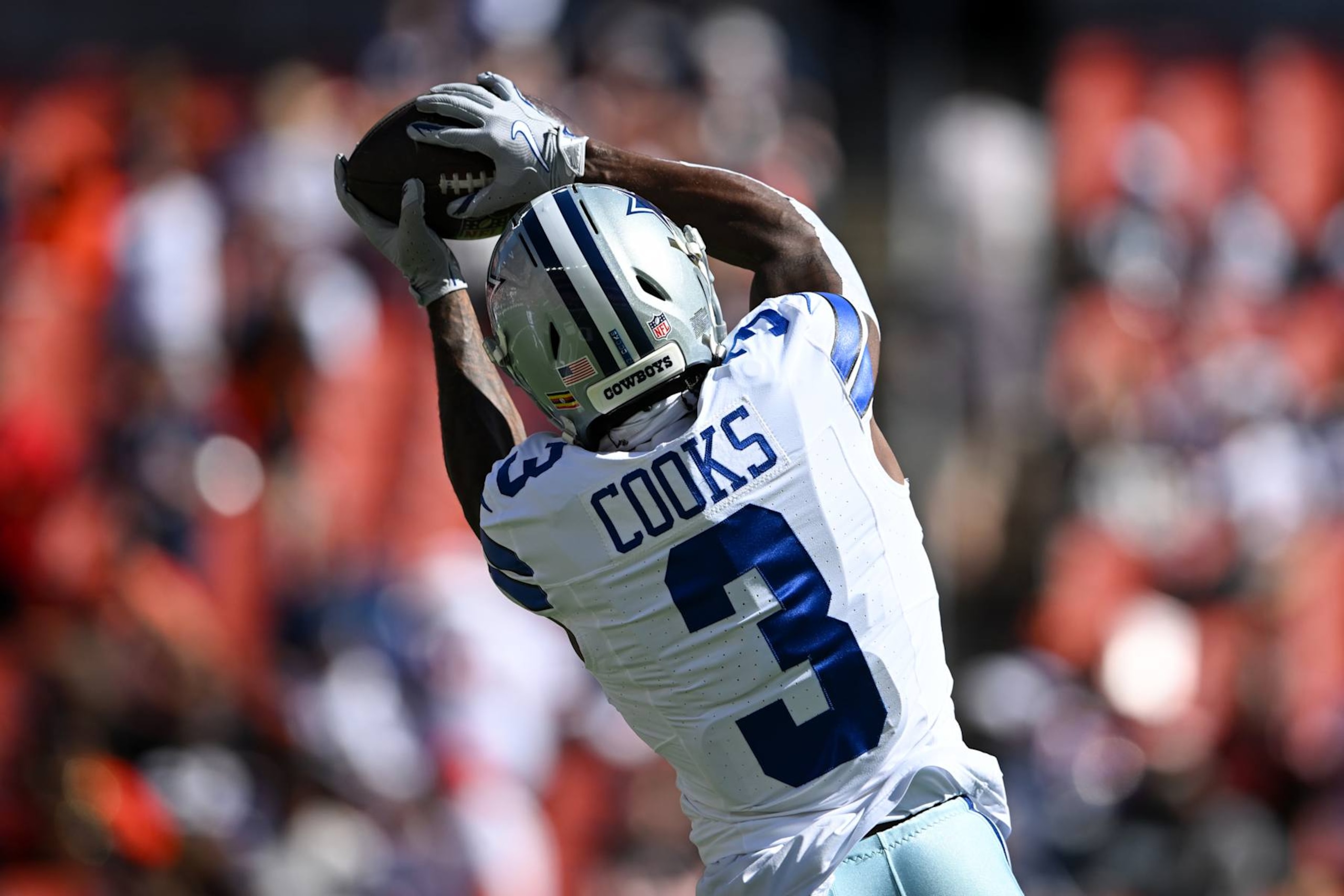 CLEVELAND, OHIO - SEPTEMBER 08: Brandin Cooks #3 of the Dallas Cowboys warms up prior to a game against the Cleveland Browns at Huntington Bank Field on September 08, 2024 in Cleveland, Ohio. (Photo by Nick Cammett/Diamond Images via Getty Images)