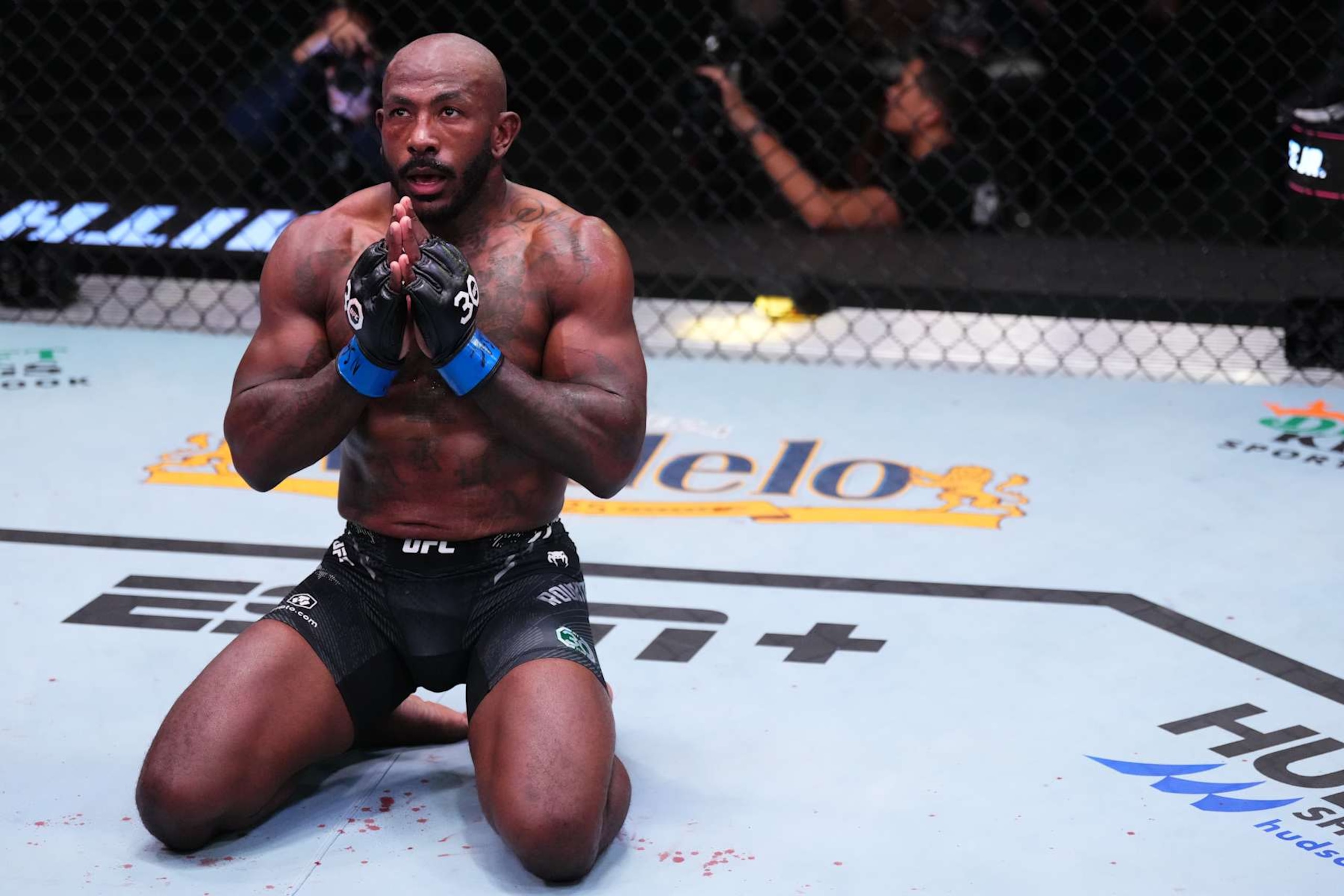 Khalil Rountree Jr. reacts after his knockout against Anthony Smith