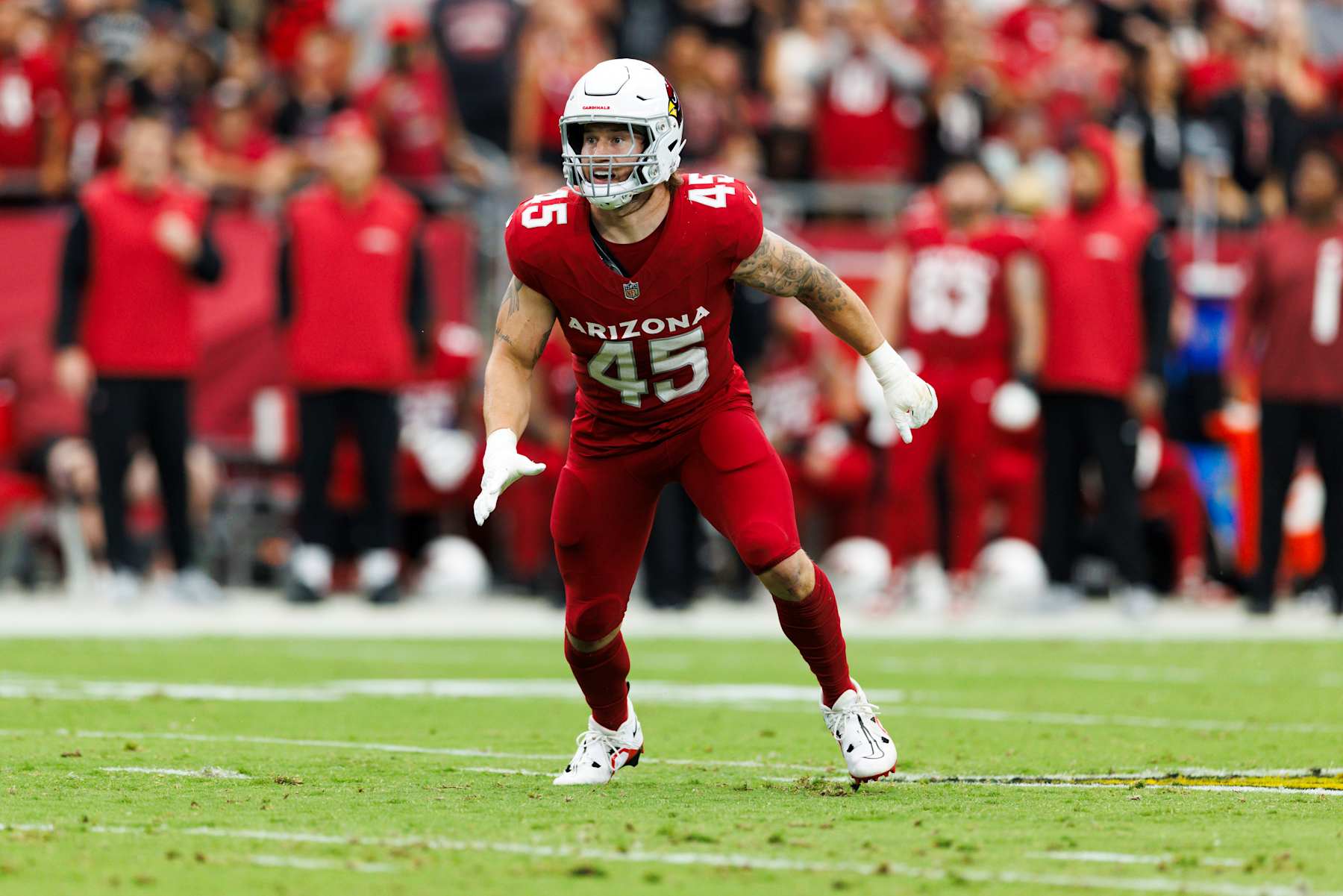 GLENDALE, ARIZONA - SEPTEMBER 15: Dennis Gardeck #45 of the Arizona Cardinals defends in coverage during a game against the Los Angeles Rams at State Farm Stadium on September 15, 2024 in Glendale, Arizona. (Photo by Ric Tapia/Getty Images)