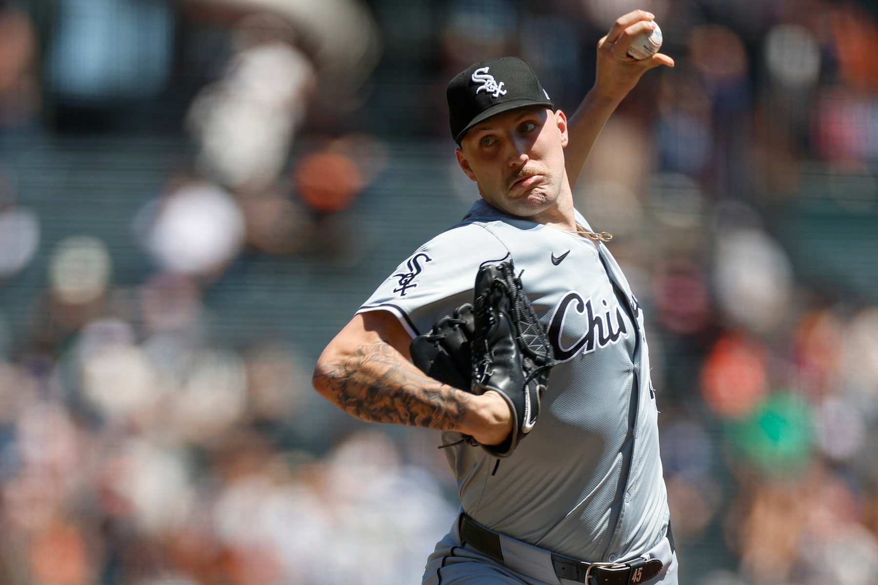 SAN FRANCISCO, CALIFORNIA - AUGUST 21: Garrett Crochet #45 of the Chicago White Sox delivers a pitch during the first inning of a game against the San Francisco Giants at Oracle Park on August 21, 2024 in San Francisco, California. (Photo by Brandon Sloter/Image Of Sport/Getty Images)