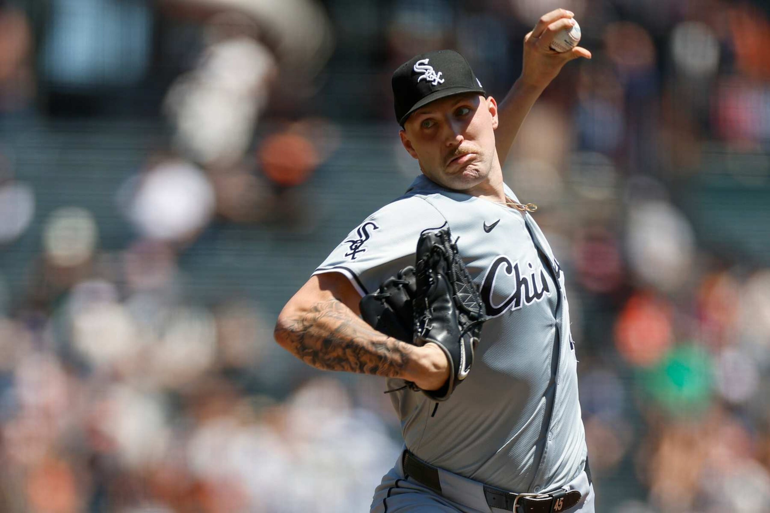 SAN FRANCISCO, CALIFORNIA - AUGUST 21: Garrett Crochet #45 of the Chicago White Sox delivers a pitch during the first inning of a game against the San Francisco Giants at Oracle Park on August 21, 2024 in San Francisco, California. (Photo by Brandon Sloter/Image Of Sport/Getty Images)