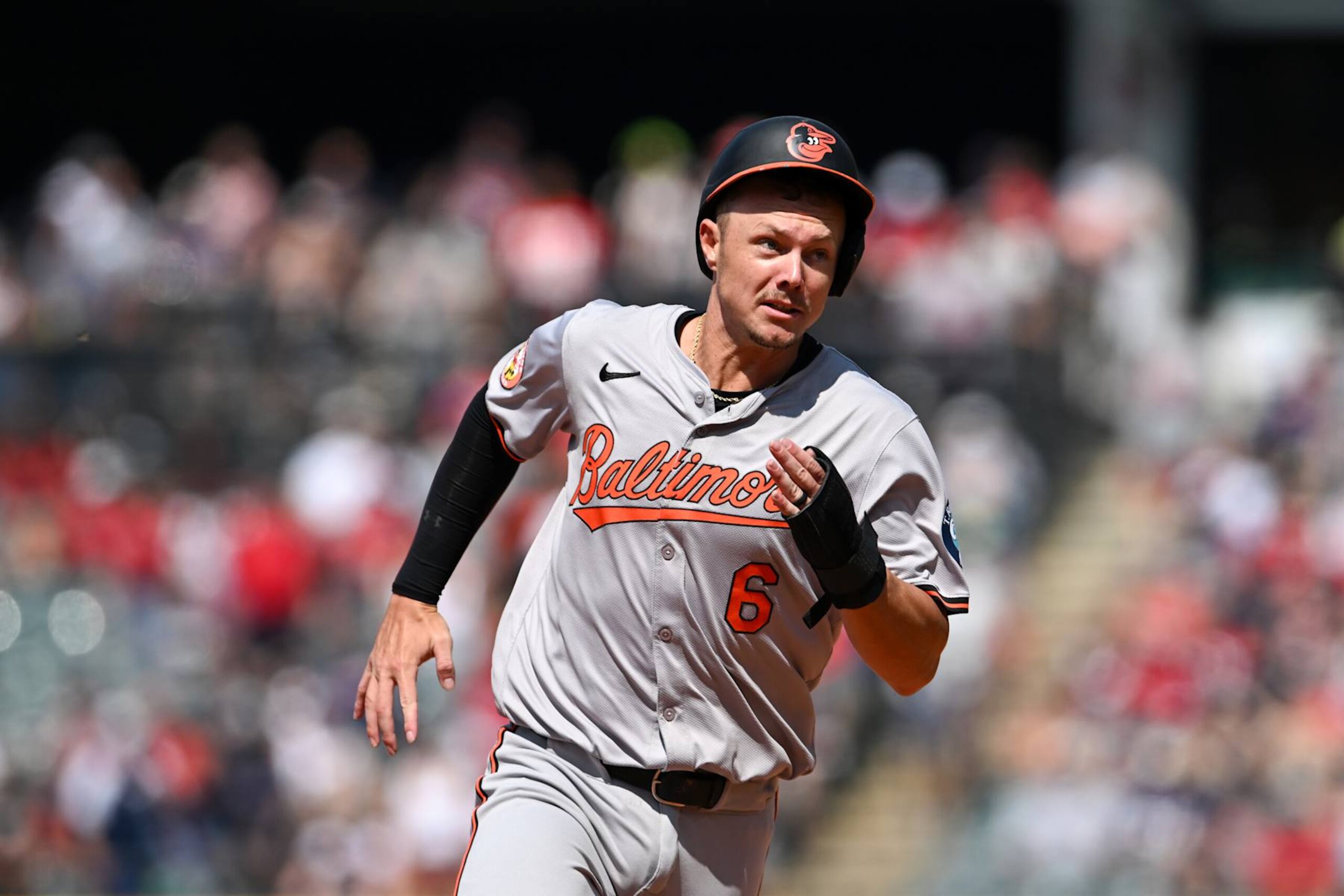 CLEVELAND, OHIO - AUGUST 04: Ryan Mountcastle #6 of the Baltimore Orioles runs to third base during the sixth inning against the Cleveland Guardians at Progressive Field on August 04, 2024 in Cleveland, Ohio. (Photo by Nick Cammett/Diamond Images via Getty Images)