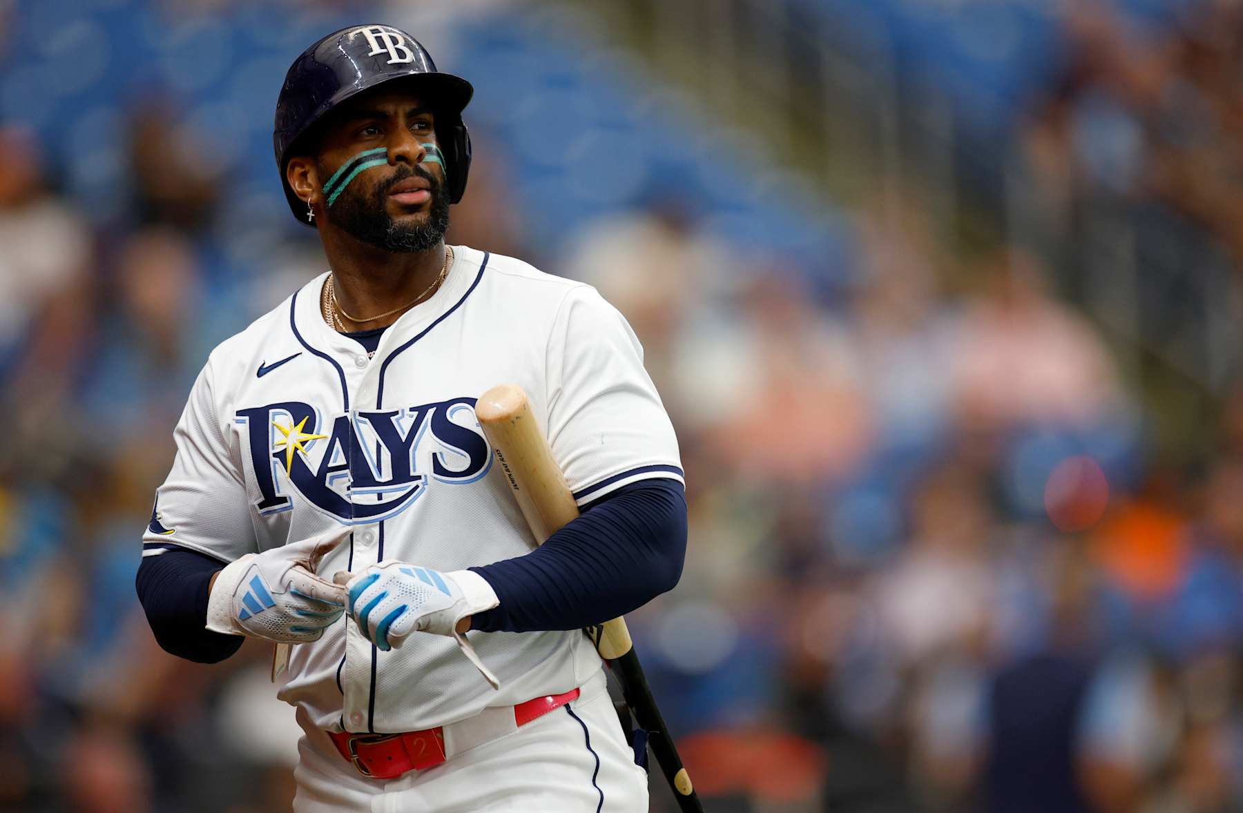 ST PETERSBURG, FLORIDA - SEPTEMBER 05: Yandy Díaz #2 of the Tampa Bay Rays looks on after a strikeout in the third inning during a game against the Minnesota Twins at Tropicana Field on September 05, 2024 in St Petersburg, Florida. (Photo by Mike Ehrmann/Getty Images)
