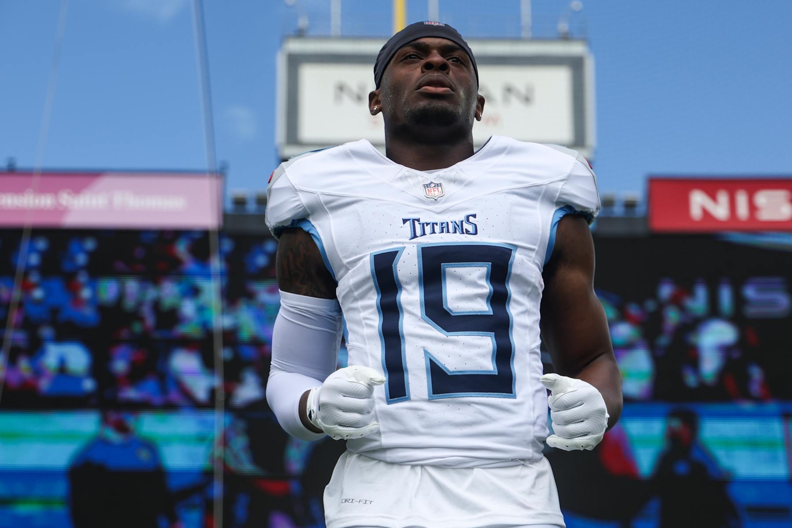 NASHVILLE, TN - SEPTEMBER 15: Jha'Quan Jackson #19 of the Tennessee Titans warms up prior to an NFL football game against the New York Jets at Nissan Stadium on September 15, 2024 in Nashville, TN. (Photo by Perry Knotts/Getty Images)