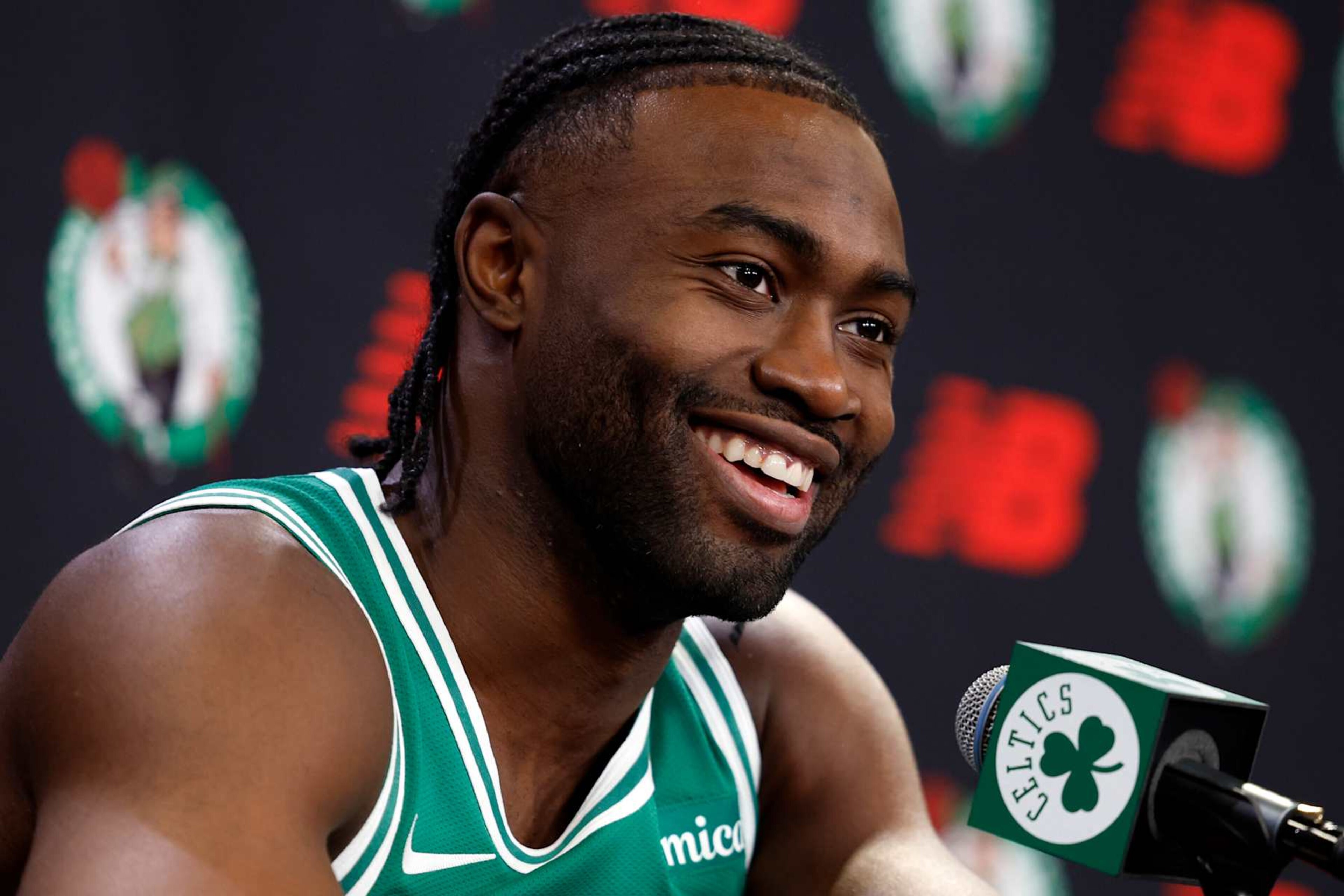 Boston, MA - September 24: Boston Celtics guard Jaylen Brown speaks during Celtics media day at the Auerbach Center. (Photo by Danielle Parhizkaran/The Boston Globe via Getty Images) Boston, MA - September 24: Boston Celtics guard Jaylen Brown speaks during Celtics media day at the Auerbach Center. (Photo by Danielle Parhizkaran/The Boston Globe via Getty Images)