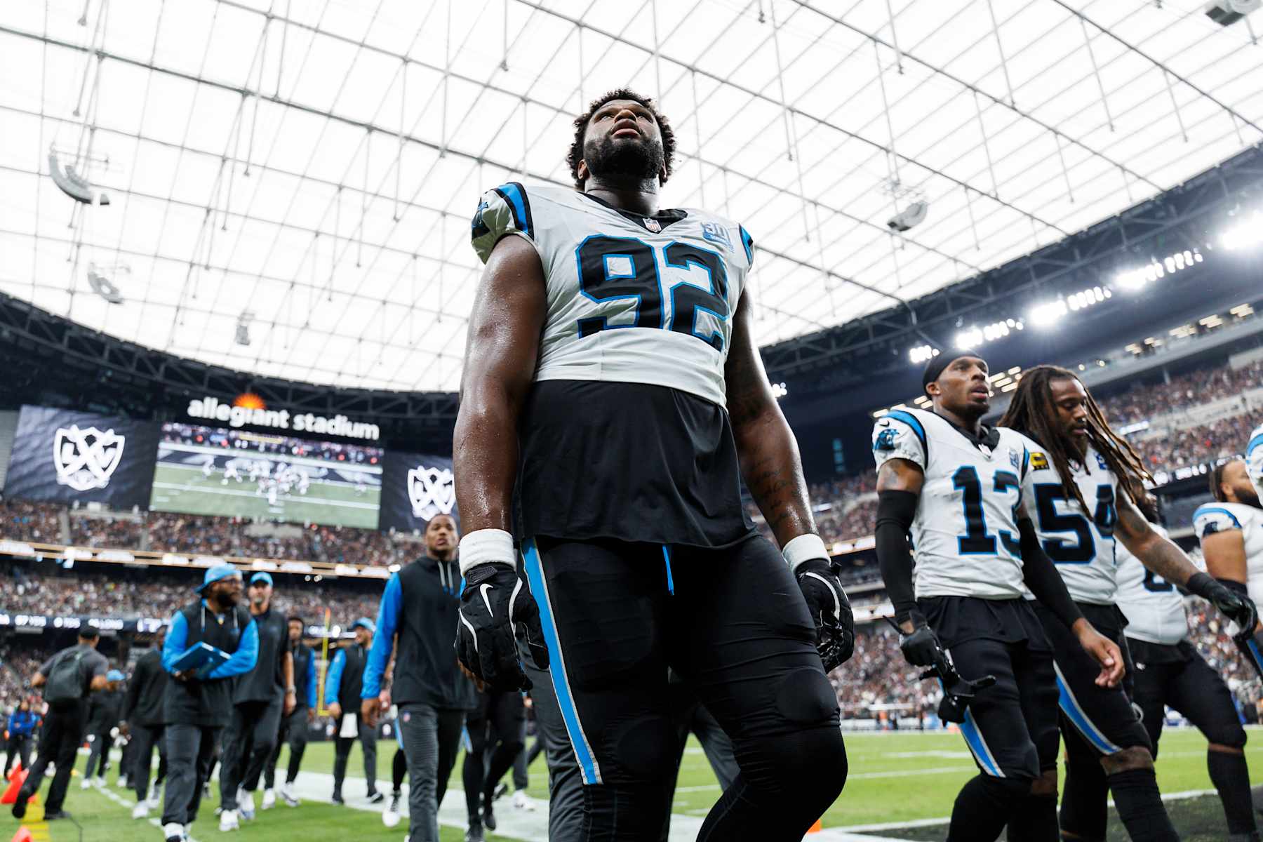LAS VEGAS, NEVADA - SEPTEMBER 22: Defensive end Jayden Peevy #92 of the Carolina Panthers walks off the field following the first half of an NFL football game against the Las Vegas Raiders, at Allegiant Stadium on September 22, 2024 in Las Vegas, Nevada. (Photo by Brooke Sutton/Getty Images)