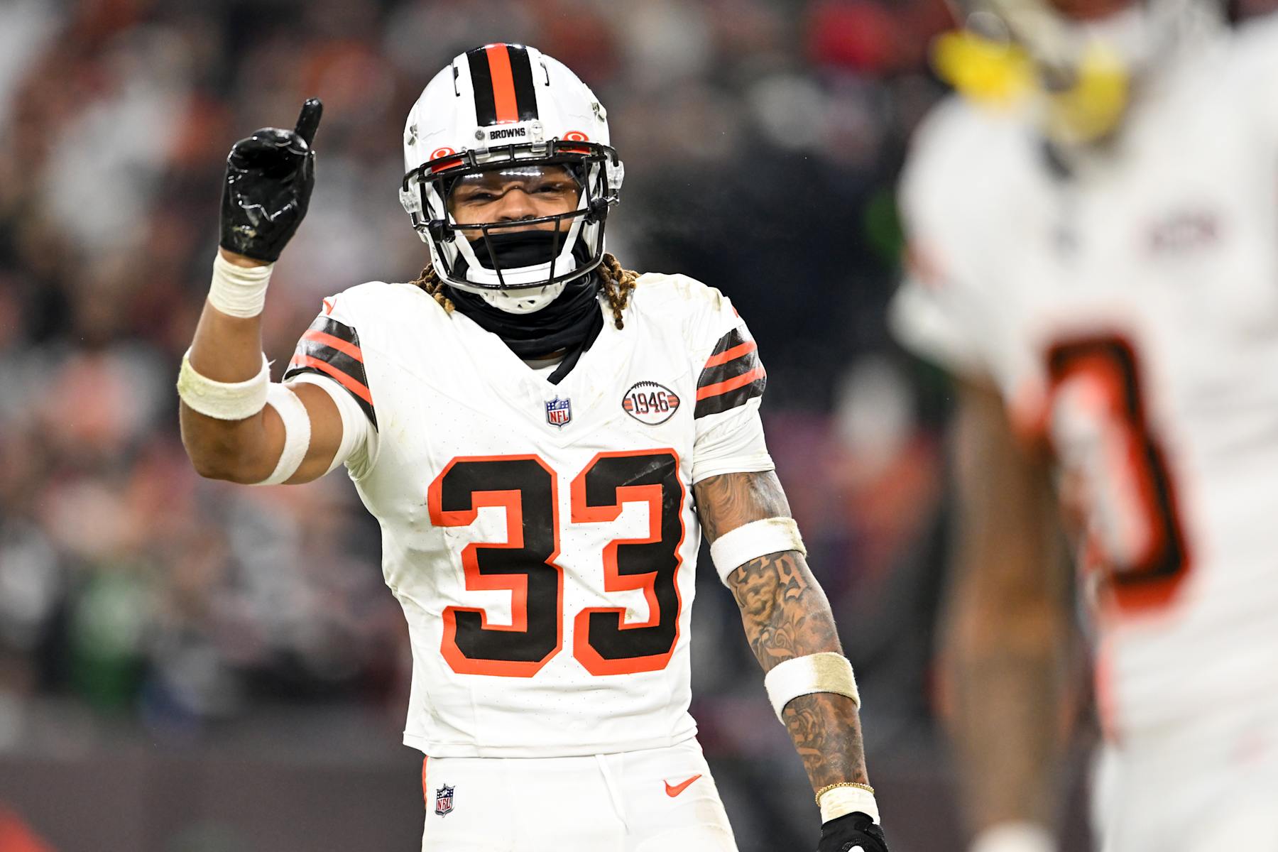 CLEVELAND, OHIO - DECEMBER 28: Ronnie Hickman #33 of the Cleveland Browns celebrates an incomplete pass during the second half against the New York Jets at Cleveland Browns Stadium on December 28, 2023 in Cleveland, Ohio. (Photo by Nick Cammett/Diamond Images via Getty Images)
