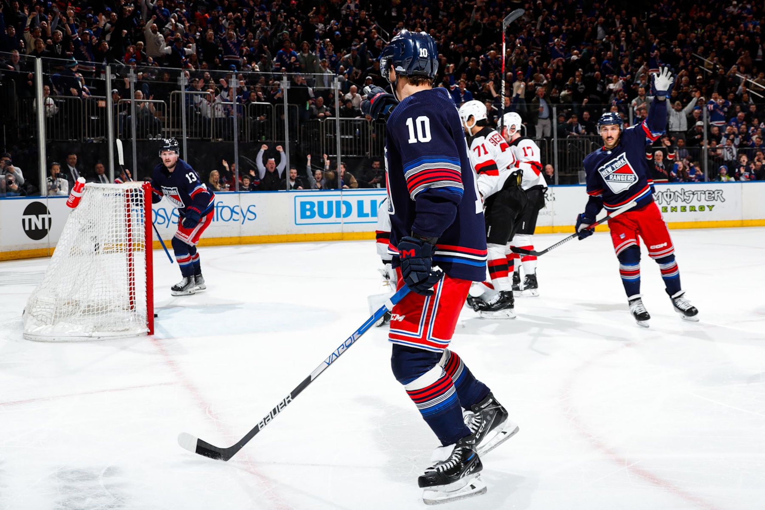 NEW YORK, NEW YORK - APRIL 03:  Artemi Panarin #10 of the New York Rangers celebrates after scoring a goal in the first period against the New Jersey Devils at Madison Square Garden on April 3, 2024 in New York City. (Photo by Jared Silber/NHLI via Getty Images)