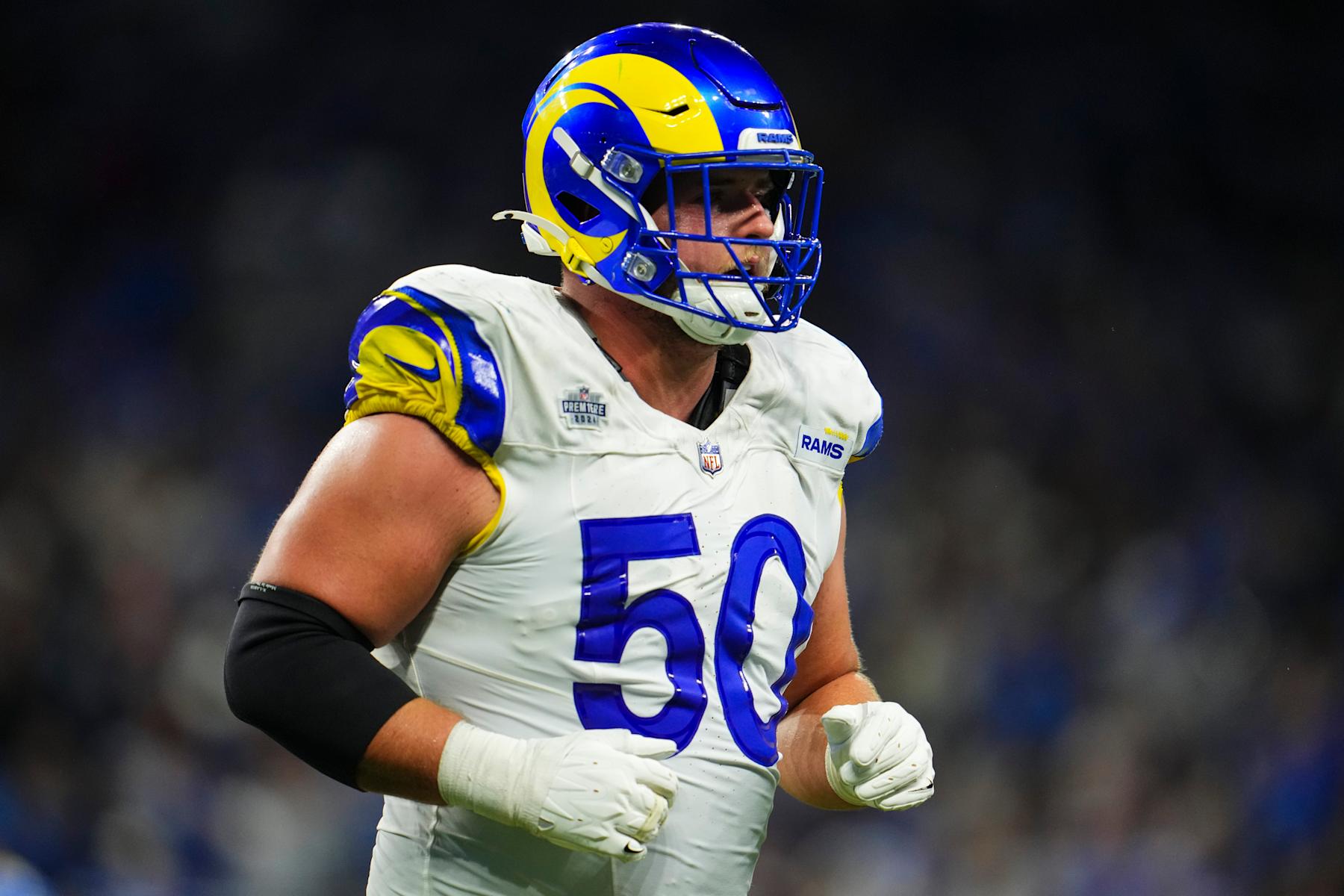 DETROIT, MI - SEPTEMBER 08: Beaux Limmer #50 of the Los Angeles Rams runs across the field during an NFL football game against the Detroit Lions at Ford Field on September 8, 2024 in Detroit, Michigan. (Photo by Cooper Neill/Getty Images)