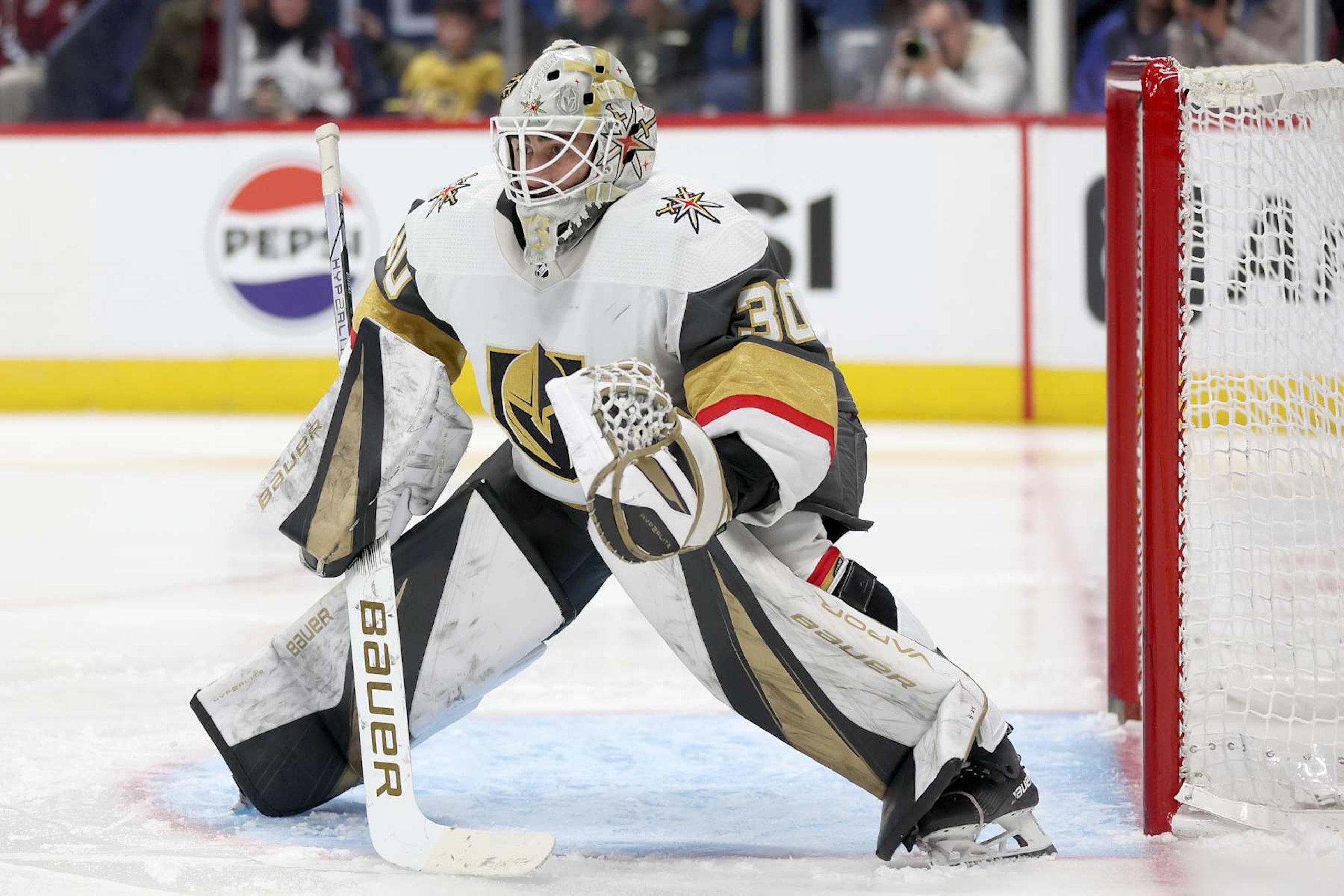 DENVER, COLORADO - JANUARY 10: Jiri Patera #30 of the Vegas Golden Knights tends goal against the Colorado Avalanche in the second period at Ball Arena on January 10, 2024 in Denver, Colorado. (Photo by Matthew Stockman/Getty Images)
