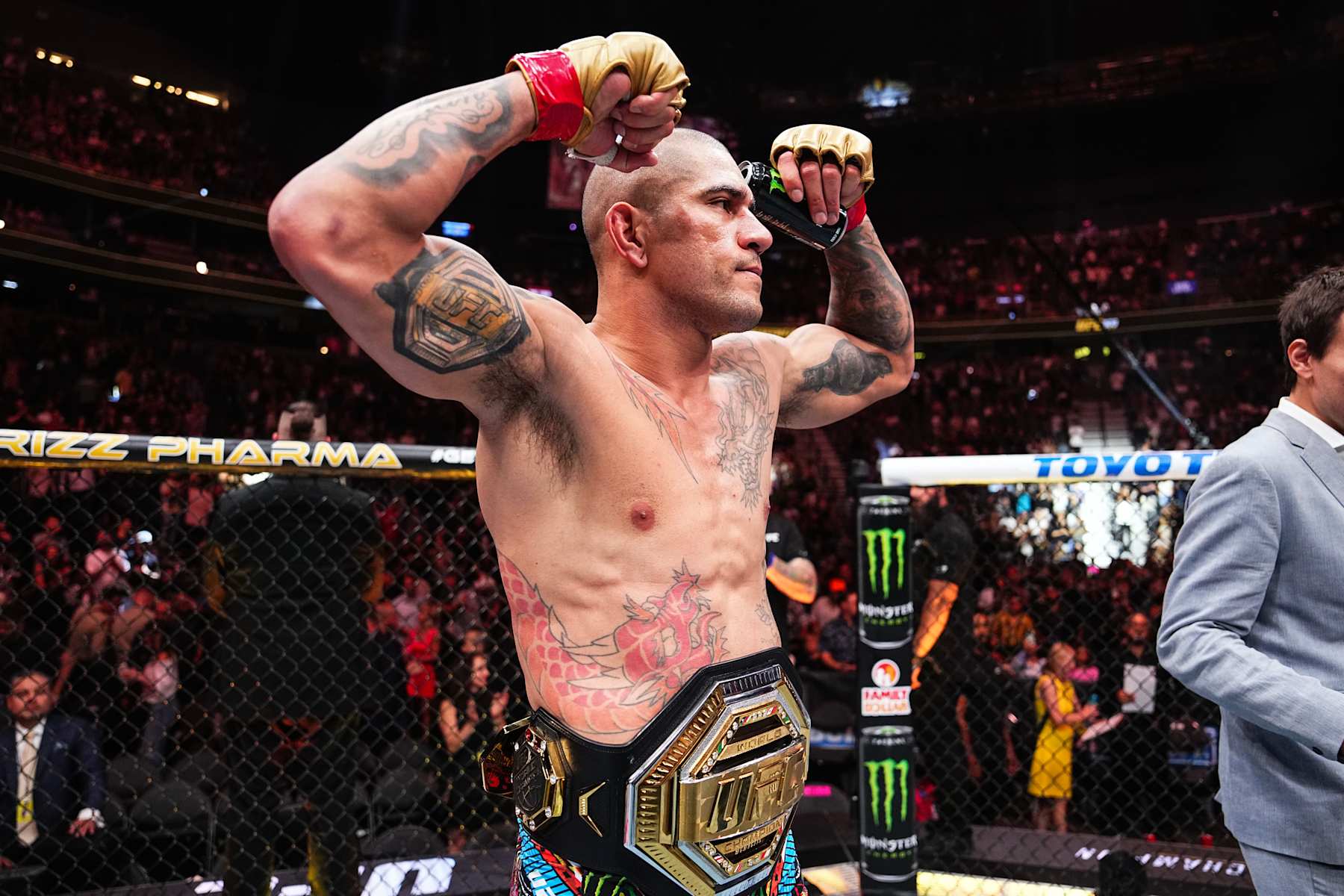 Alex Pereira of Brazil reacts to his victory over Jiri Prochazka at UFC 303