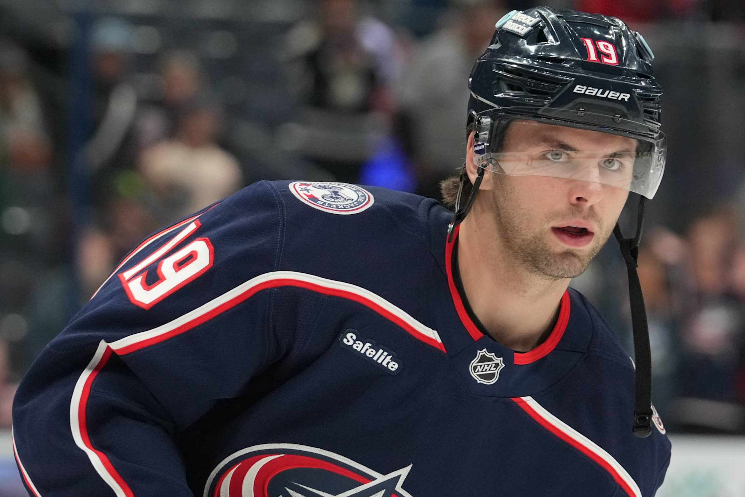 COLUMBUS, OHIO - SEPTEMBER 28: Adam Fantilli #19 of the Columbus Blue Jackets warms up prior to the preseason game against the Buffalo Sabres at Nationwide Arena on September 28, 2024 in Columbus, Ohio. (Photo by Jason Mowry/Getty Images)