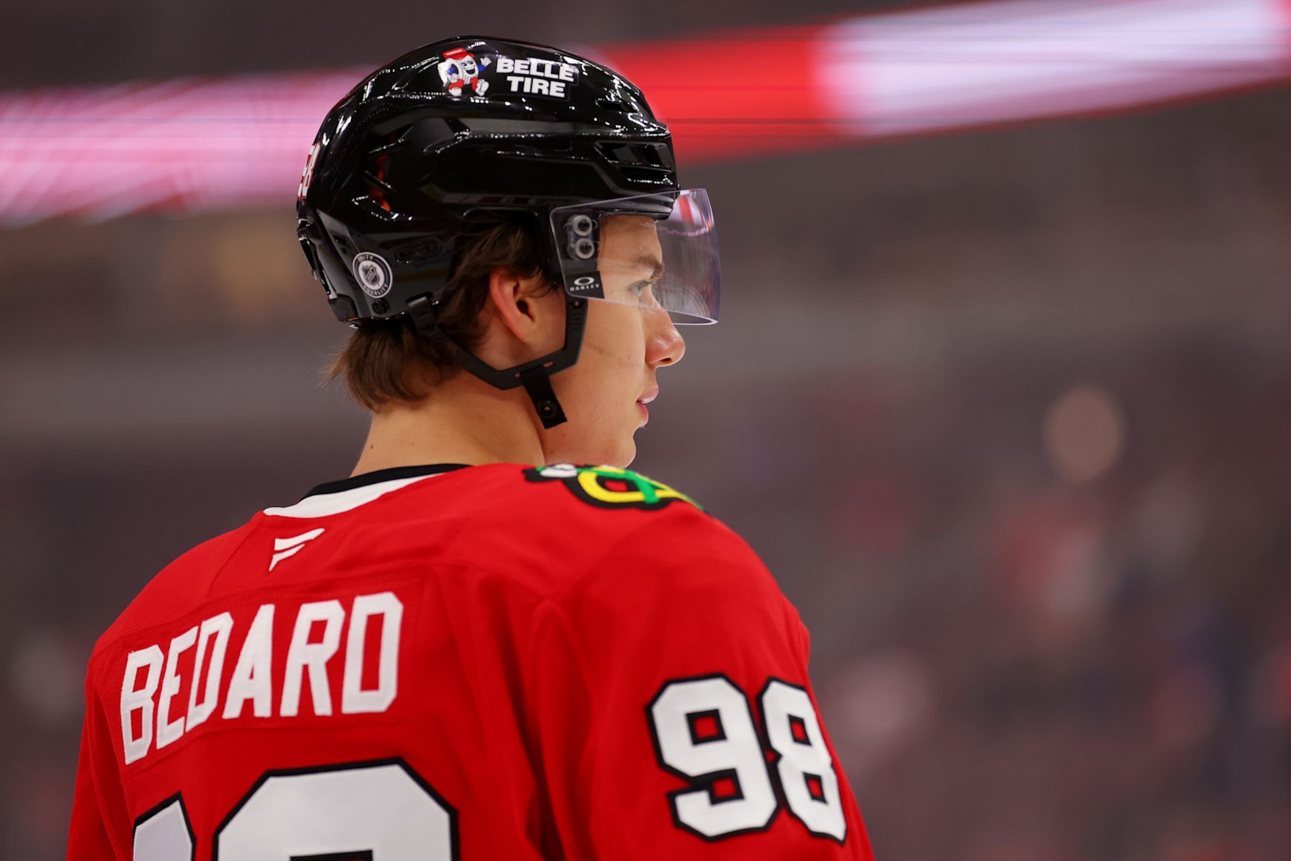 CHICAGO, ILLINOIS - SEPTEMBER 25: Connor Bedard #98 of the Chicago Blackhawks warms up prior to a preseason game against the Detroit Red Wings at the United Center on September 25, 2024 in Chicago, Illinois.  (Photo by Michael Reaves/Getty Images)