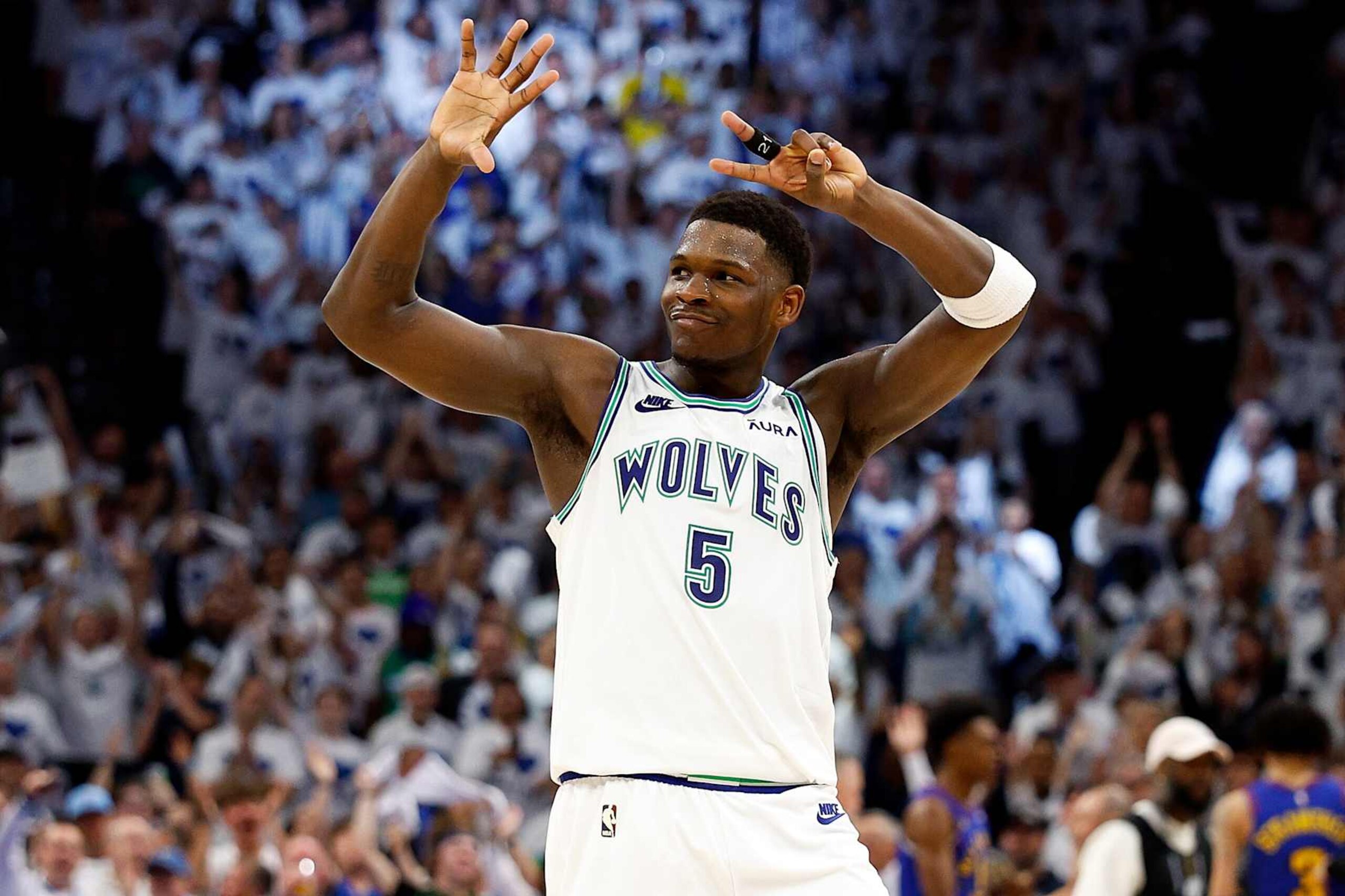 MINNEAPOLIS, MINNESOTA - MAY 16: Anthony Edwards #5 of the Minnesota Timberwolves celebrates against the Denver Nuggets in the fourth quarter in Game Six of the Western Conference Second Round Playoffs at Target Center on May 16, 2024 in Minneapolis, Minnesota. (Photo by David Berding/Getty Images)