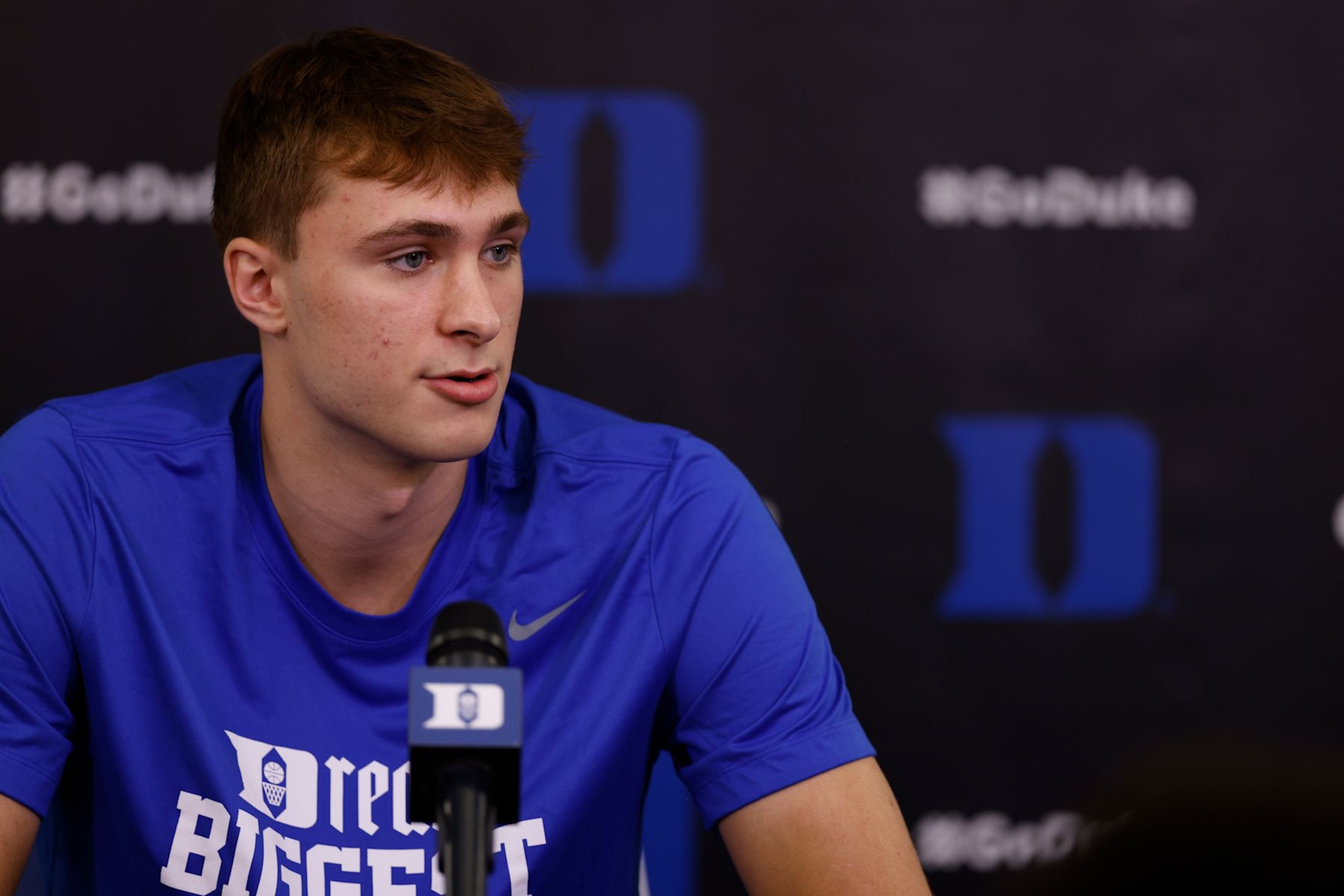 DURHAM, NORTH CAROLINA - SEPTEMBER 27: Cooper Flagg of the Duke Blue Devils speaks to the media during Duke Men's Basketball Media Day at Cameron Indoor Stadium on September 27, 2024 in Durham, North Carolina. (Photo by Lance King/Getty Images)