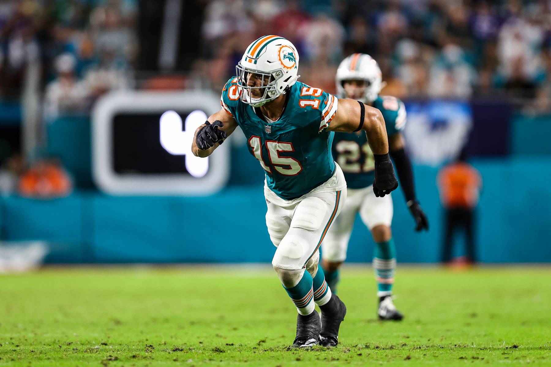 MIAMI GARDENS, FL - SEPTEMBER 12: Jaelan Phillips #15 of the Miami Dolphins rushes the passer during an NFL football game against the Buffalo Bills at Hard Rock Stadium on September 12, 2024 in Miami Gardens, FL. (Photo by Perry Knotts/Getty Images)