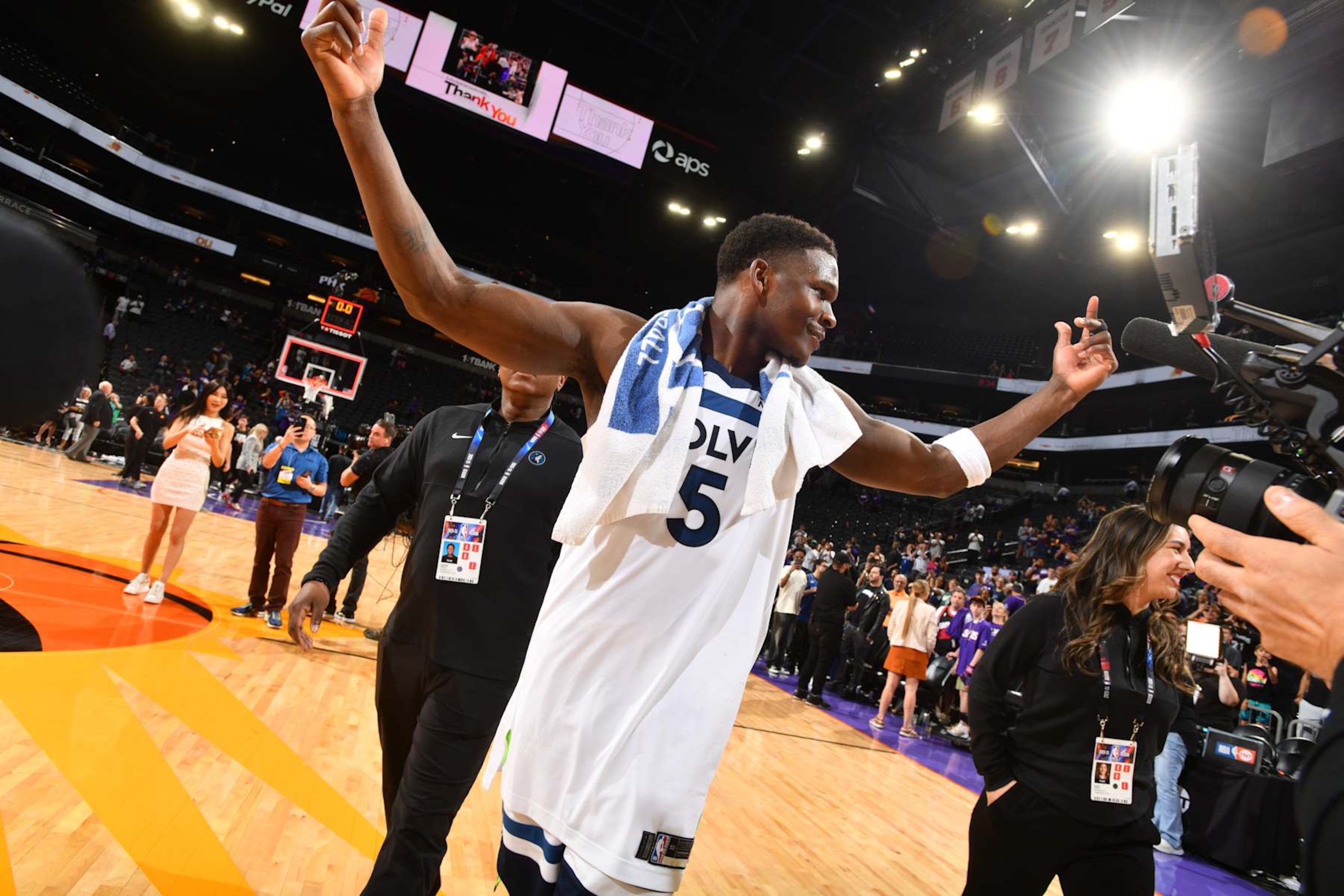 PHOENIX, AZ - APRIL 4: Anthony Edwards #5 of the Minnesota Timberwolves celebrates after the game against the Phoenix Suns during Round 1 Game 4 of the 2024 NBA Playoffs on April 4, 2023 at Footprint Center in Phoenix, Arizona. NOTE TO USER: User expressly acknowledges and agrees that, by downloading and or using this photograph, user is consenting to the terms and conditions of the Getty Images License Agreement. Mandatory Copyright Notice: Copyright 2024 NBAE (Photo by Barry Gossage/NBAE via Getty Images)