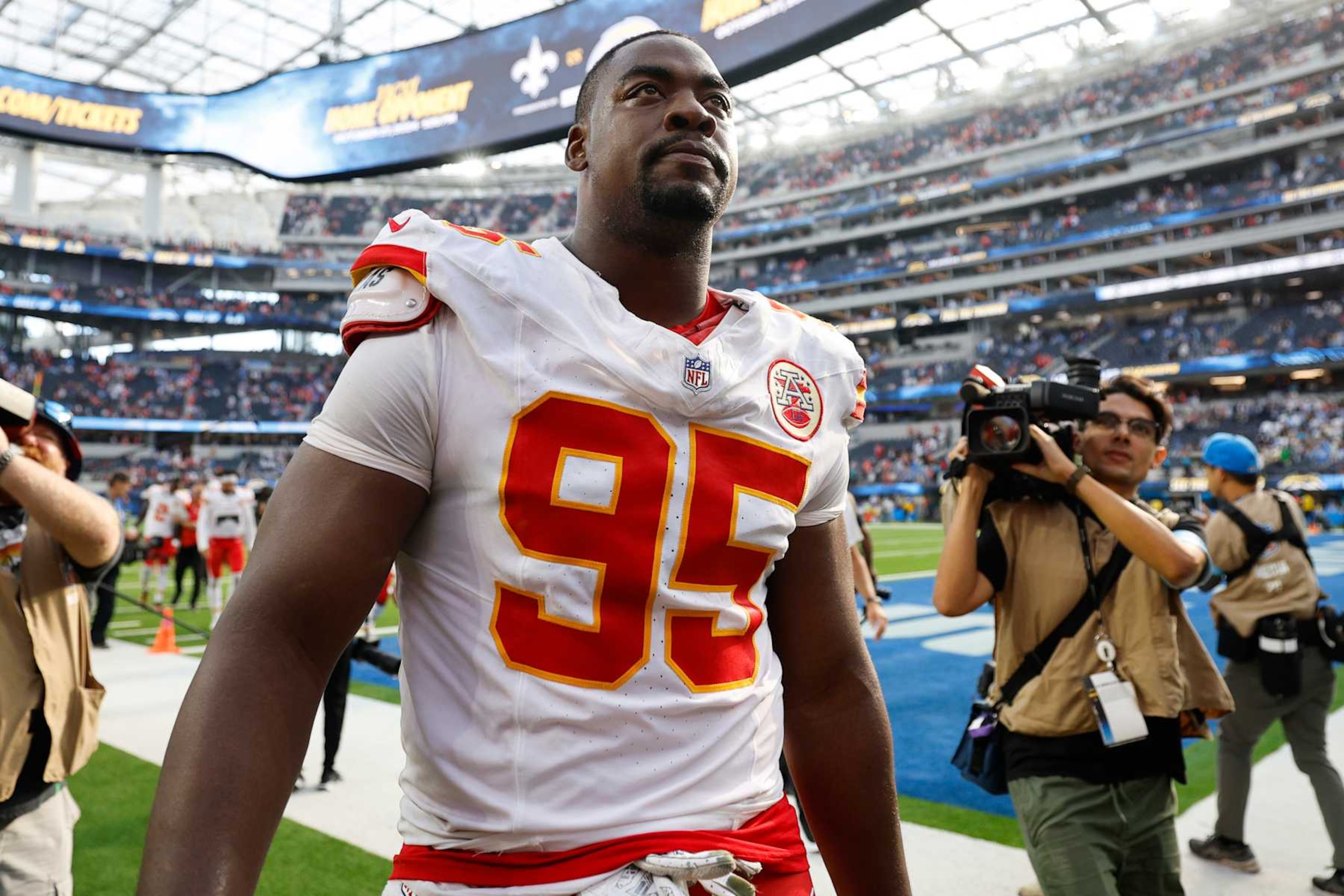 INGLEWOOD, CALIFORNIA - SEPTEMBER 29: Chris Jones #95 of the Kansas City Chiefs looks on as he walks off the field after defeating the Los Angeles Chargers 17-10 at SoFi Stadium on September 29, 2024 in Inglewood, California. (Photo by Kevork Djansezian/Getty Images)