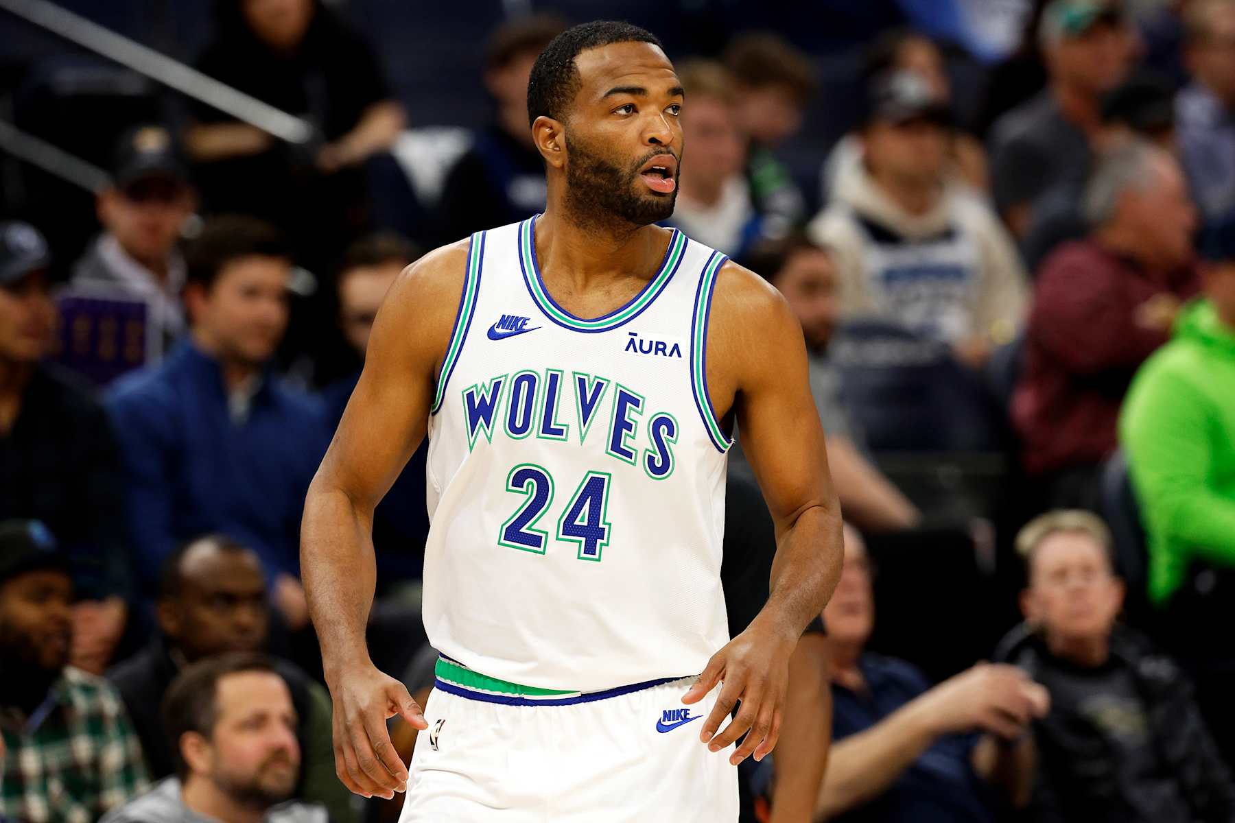 MINNEAPOLIS, MINNESOTA - MARCH 19: T.J. Warren #24 of the Minnesota Timberwolves looks on against the Denver Nuggets in the first quarter at Target Center on March 19, 2024 in Minneapolis, Minnesota. NOTE TO USER: User expressly acknowledges and agrees that, by downloading and or using this photograph, User is consenting to the terms and conditions of the Getty Images License Agreement. (Photo by David Berding/Getty Images)