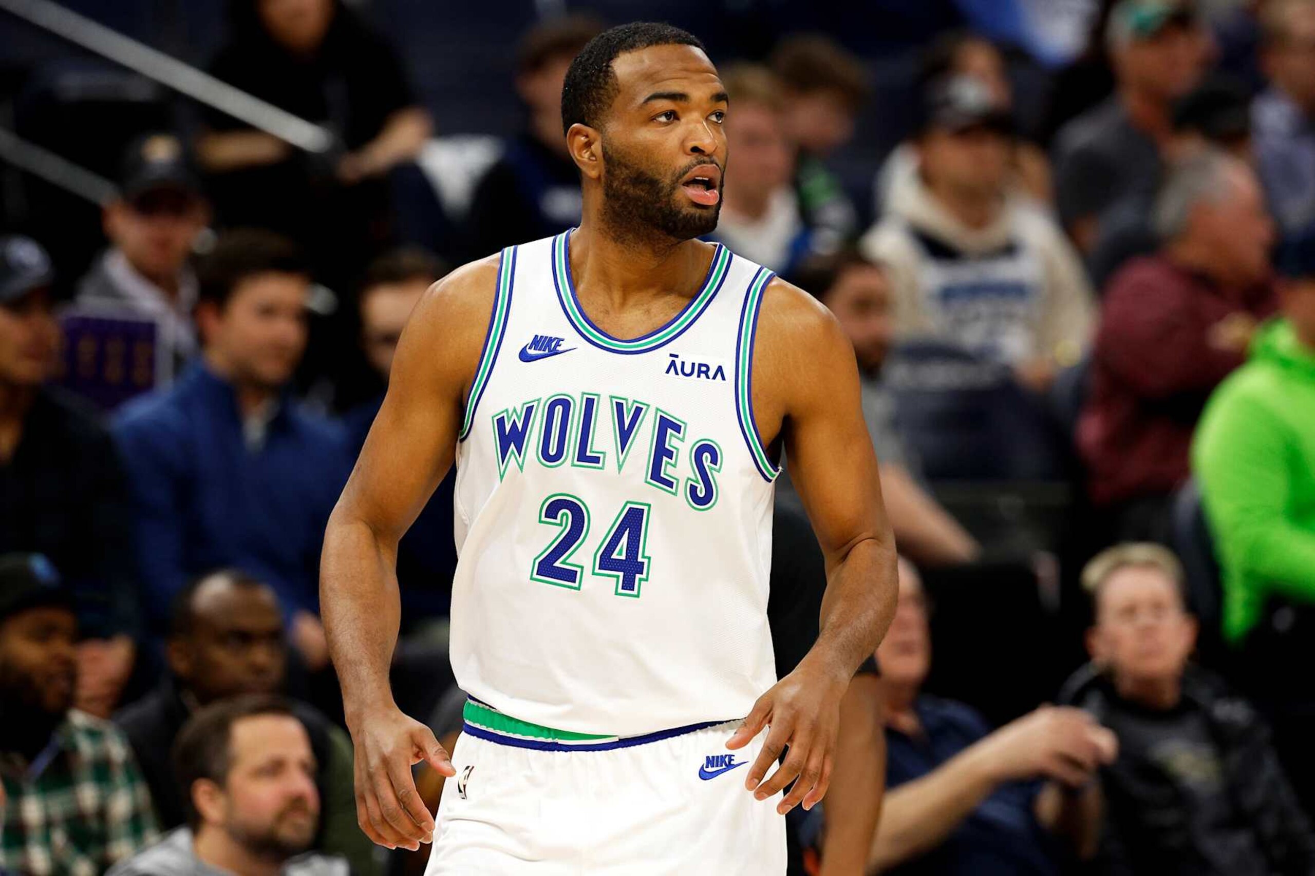 MINNEAPOLIS, MINNESOTA - MARCH 19: T.J. Warren #24 of the Minnesota Timberwolves looks on against the Denver Nuggets in the first quarter at Target Center on March 19, 2024 in Minneapolis, Minnesota. NOTE TO USER: User expressly acknowledges and agrees that, by downloading and or using this photograph, User is consenting to the terms and conditions of the Getty Images License Agreement. (Photo by David Berding/Getty Images)