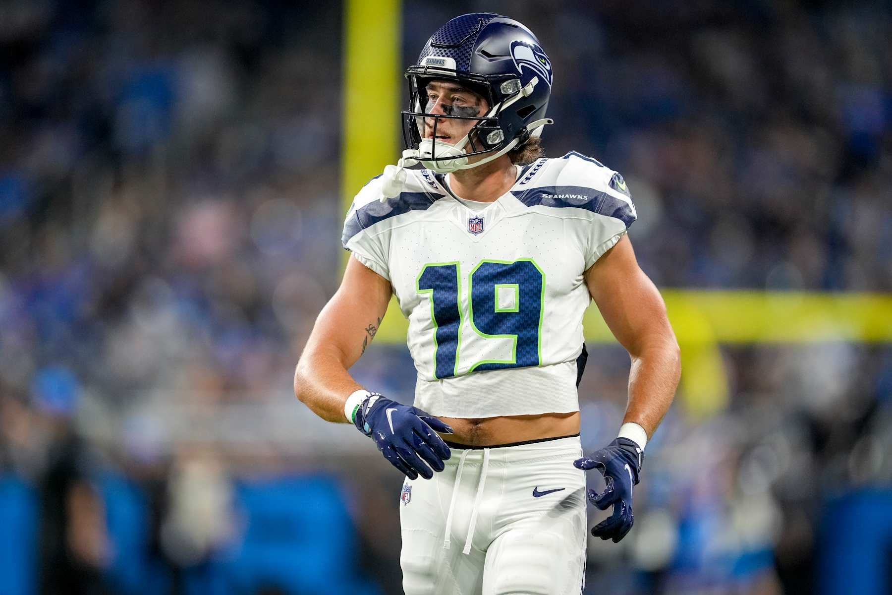 DETROIT, MICHIGAN - SEPTEMBER 30: Jake Bobo #19 of the Seattle Seahawks looks on against the Detroit Lions at Ford Field on September 30, 2024 in Detroit, Michigan. (Photo by Nic Antaya/Getty Images)