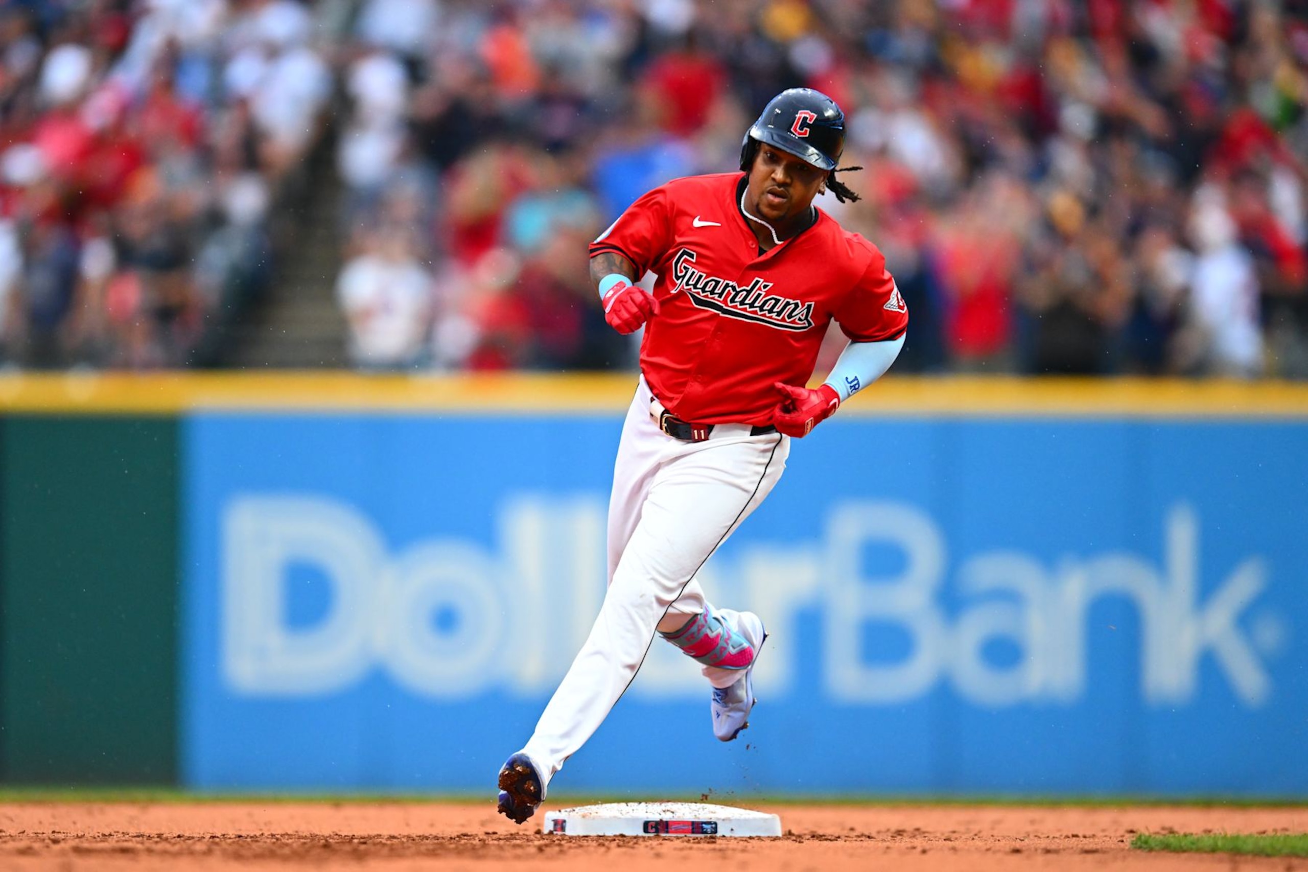 CLEVELAND, OH - SEPTEMBER 28: José Ramírez #11 of the Cleveland Guardians rounds the bases after hitting a two-run home run in the first inning during the game between the Houston Astros and the Cleveland Guardians at Progressive Field on Saturday, September 28, 2024 in Cleveland, Ohio. (Photo by Joe Sargent/MLB Photos via Getty Images)