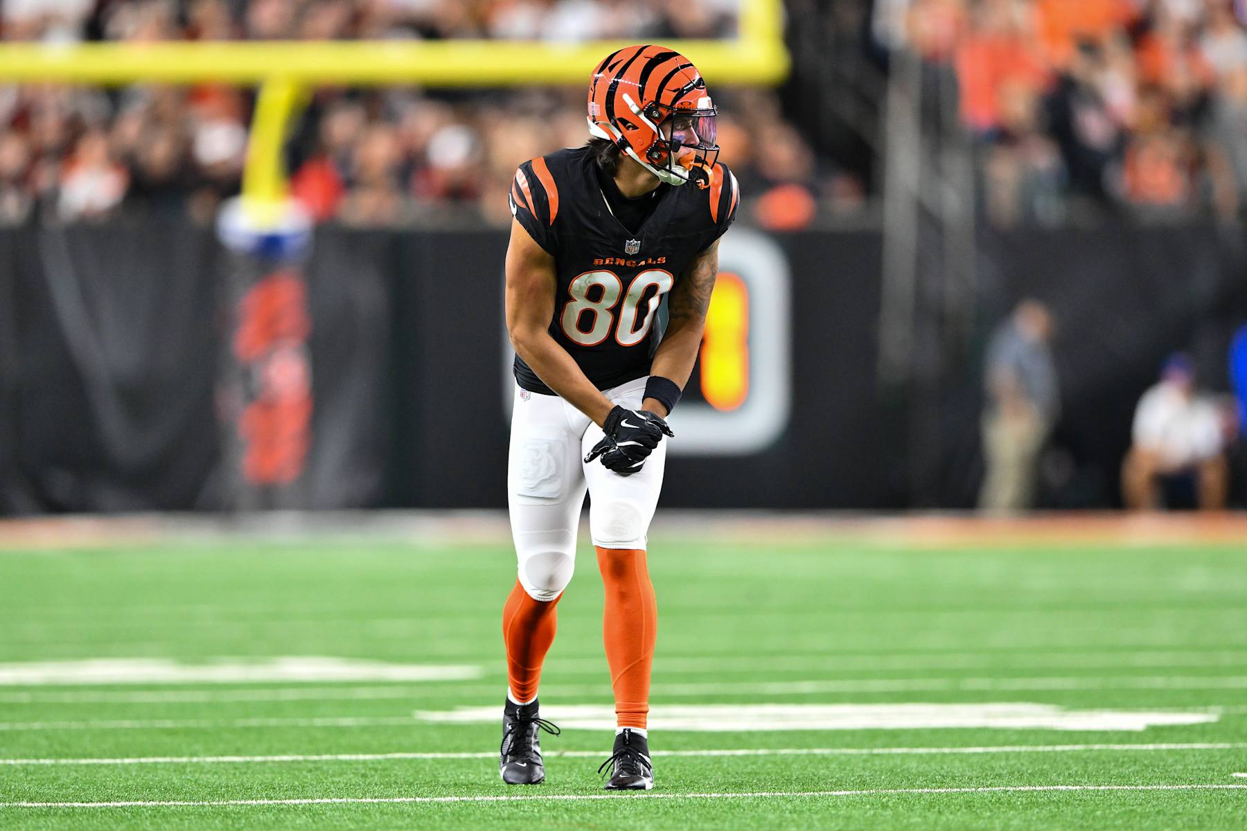 CINCINNATI, OHIO - SEPTEMBER 23: Andrei Iosivas #80 of the Cincinnati Bengals lines up for the snap during the game against the Washington Commanders at Paycor Stadium on September 23, 2024 in Cincinnati, Ohio. The Commanders defeated the Bengals 38-33. (Photo by Alika Jenner/Getty Images)