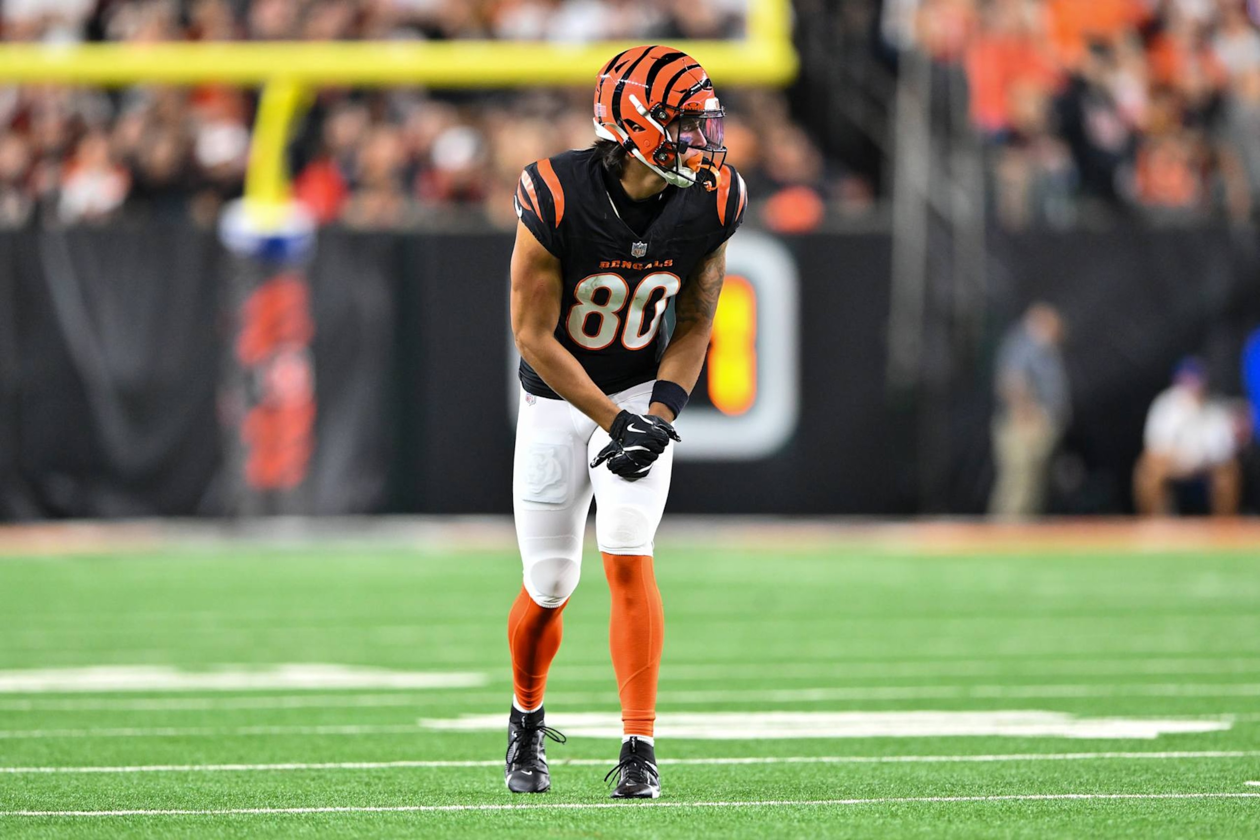 CINCINNATI, OHIO - SEPTEMBER 23: Andrei Iosivas #80 of the Cincinnati Bengals lines up for the snap during the game against the Washington Commanders at Paycor Stadium on September 23, 2024 in Cincinnati, Ohio. The Commanders defeated the Bengals 38-33. (Photo by Alika Jenner/Getty Images)