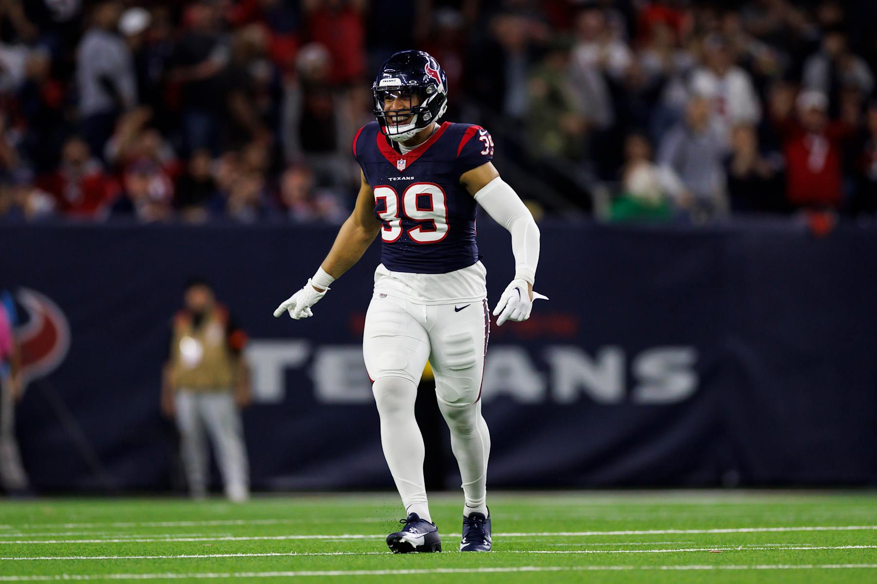 HOUSTON, TEXAS - JANUARY 13: Henry To'oTo'o #39 of the Houston Texans reacts during an AFC wild-card playoff football game against the Cleveland Browns at NRG Stadium on January 13, 2024 in Houston, Texas. (Photo by Ryan Kang/Getty Images)