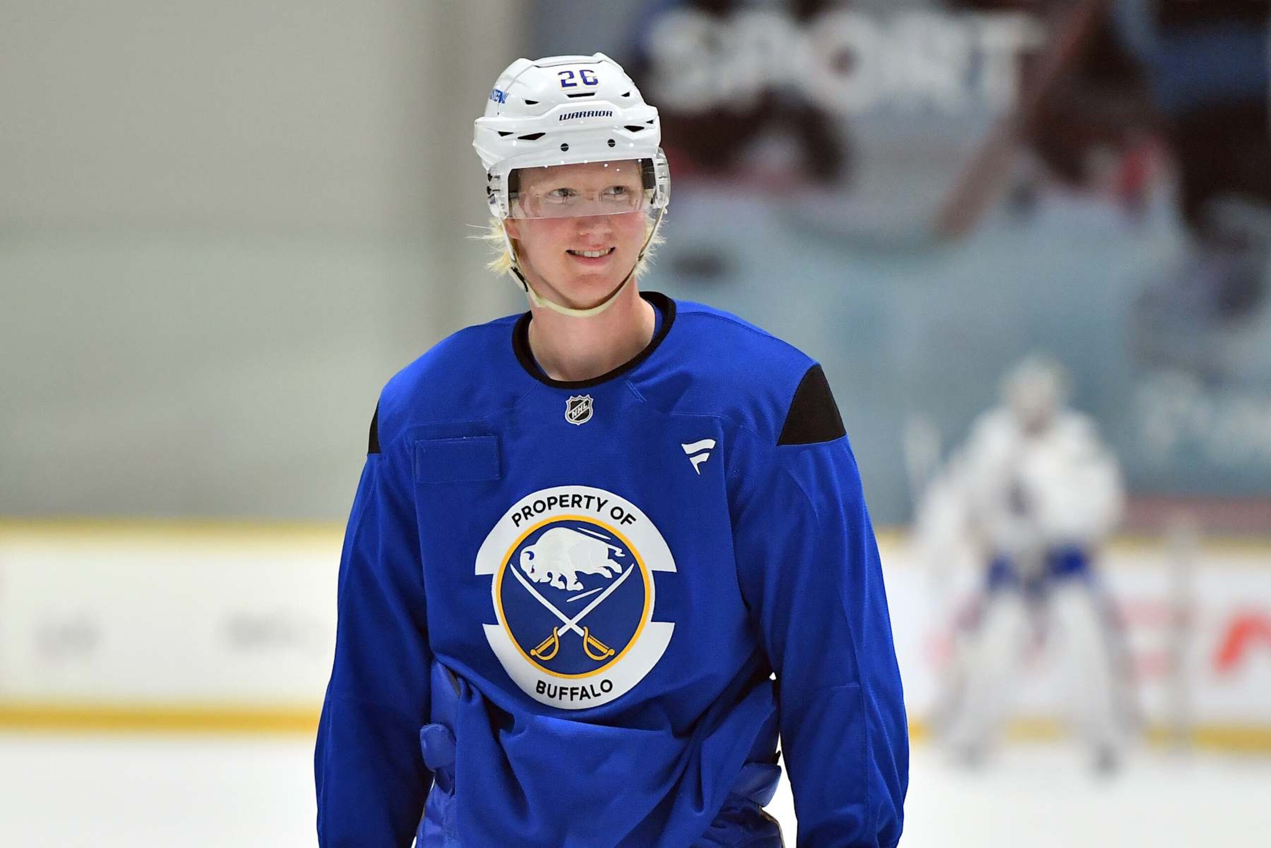 PRAGUE, CZECH REPUBLIC - OCTOBER 02: Rasmus Dahlin #26 of the Buffalo Sabres attends practice prior to the 2024 NHL Global Series Czechia on October 02, 2024 in Prague, Czech Republic.  (Photo by Ben Jackson/NHLI via Getty Images)