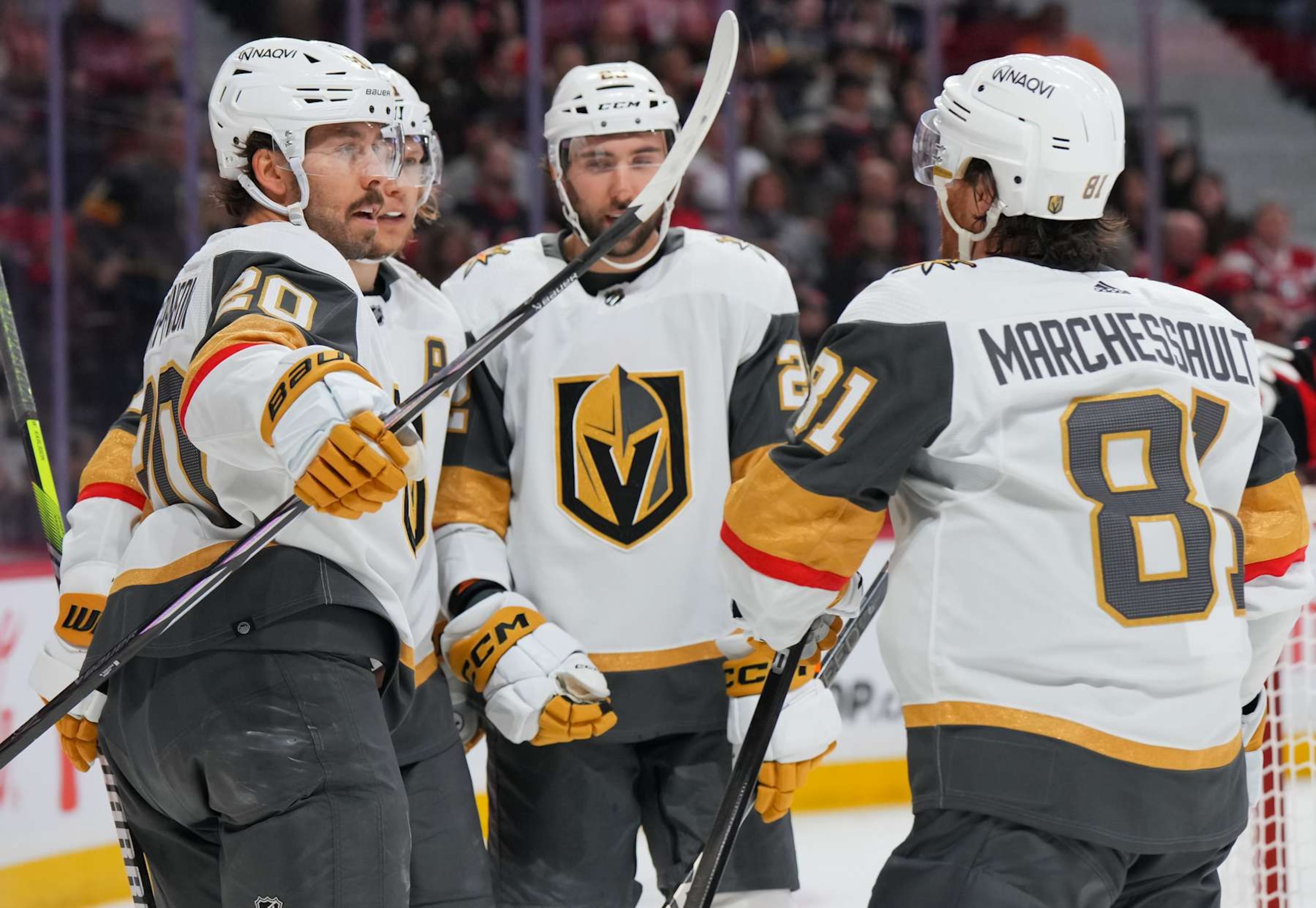 OTTAWA, CANADA - FEBRUARY 24: Chandler Stephenson #20 of the Vegas Golden Knights celebrates his second period goal against the Ottawa Senators with teammates Jonathan Marchessault #81, Alec Martinez #23 and William Karlsson #71 at Canadian Tire Centre on February 24, 2024 in Ottawa, Ontario, Canada.  (Photo by André Ringuette/NHLI via Getty Images)