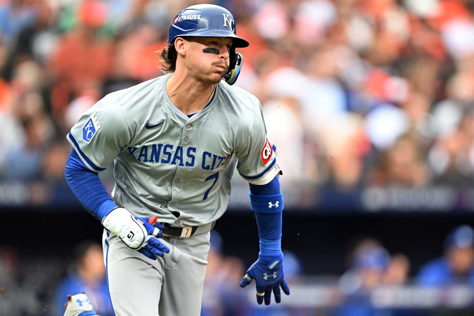 BALTIMORE, MARYLAND - OCTOBER 02: Bobby Witt Jr. #7 of the Kansas City Royals runs to first after hitting a single against the Baltimore Orioles during the third inning of Game Two of the Wild Card Series at Oriole Park at Camden Yards on October 02, 2024 in Baltimore, Maryland.  (Photo by Greg Fiume/Getty Images)