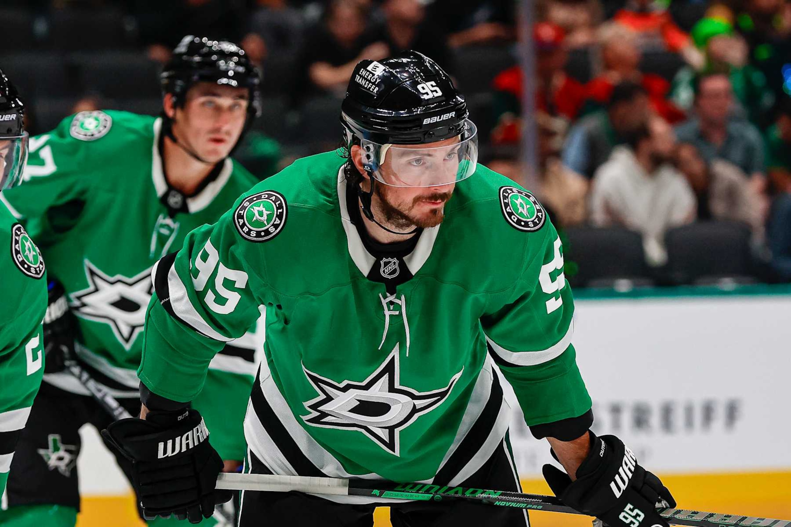 DALLAS, TX - SEPTEMBER 27: Dallas Stars center Matt Duchene (95) waits for the face-off during the game between the Dallas Stars and the Minnesota Wild on September 25, 2024 at American Airlines Center in Dallas, Texas. (Photo by Matthew Pearce/Icon Sportswire via Getty Images)