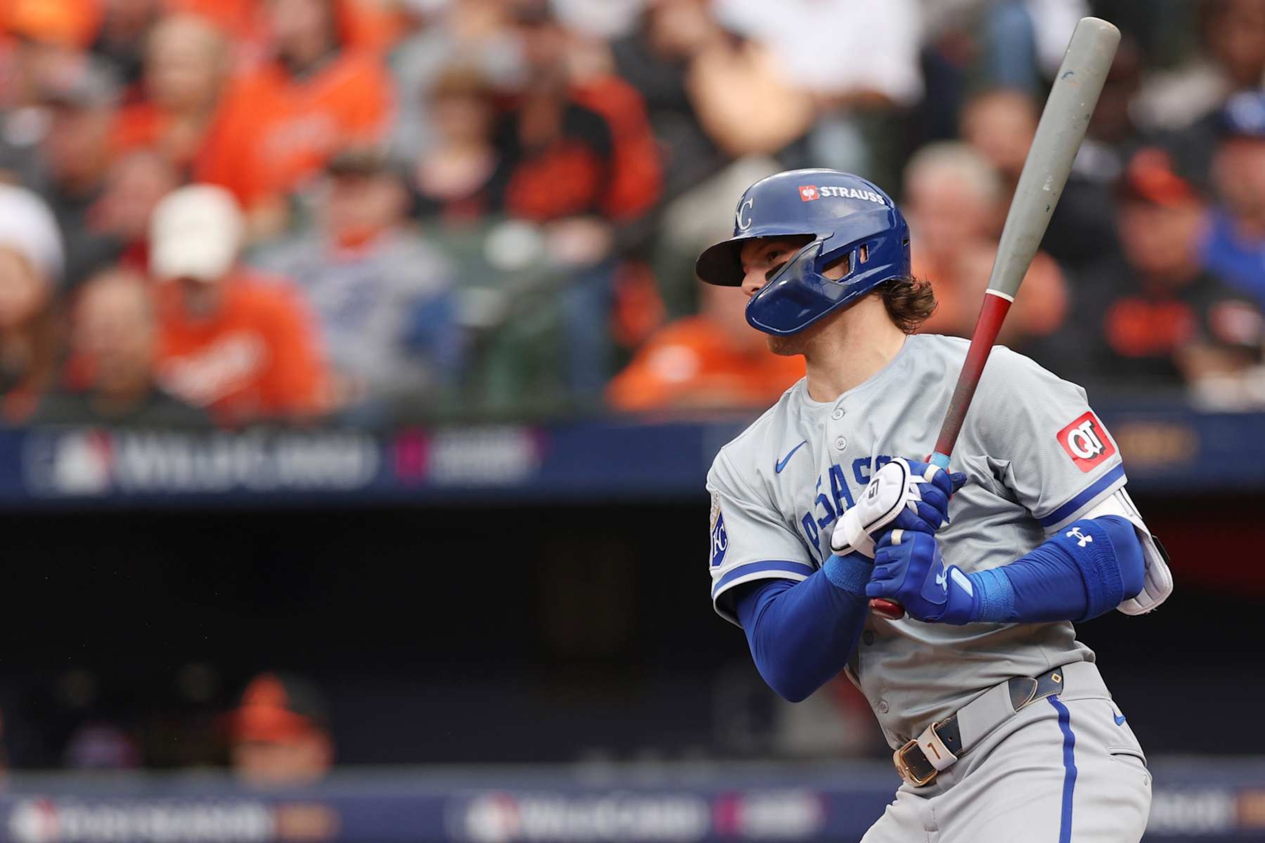 BALTIMORE, MARYLAND - OCTOBER 02: Bobby Witt Jr. #7 of the Kansas City Royals hits a single against the Baltimore Orioles during the third inning of Game Two of the Wild Card Series at Oriole Park at Camden Yards on October 02, 2024 in Baltimore, Maryland.  (Photo by Patrick Smith/Getty Images)