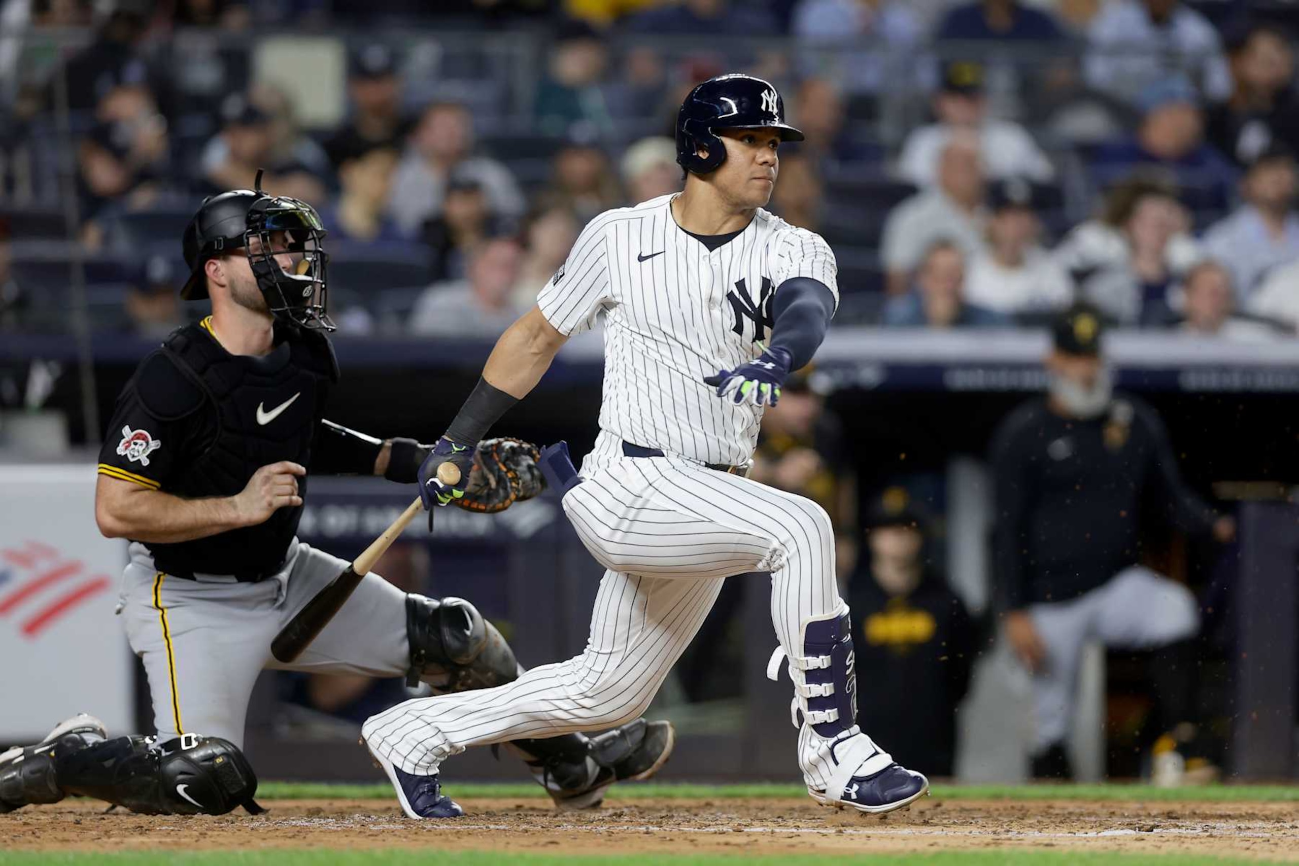 NEW YORK, NEW YORK - SEPTEMBER 27:  Juan Soto #22 of the New York Yankees follows through on his third inning single against the Pittsburgh Pirates at Yankee Stadium on September 27, 2024 in New York City. (Photo by Jim McIsaac/Getty Images)